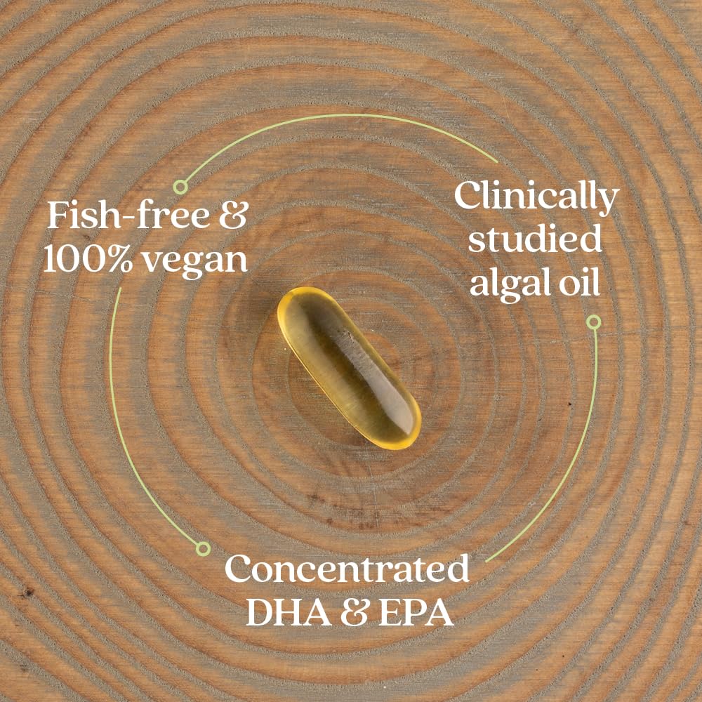 New Chapter Alga Aceite etiqueta clara muestra DHA y EPA de origen vegetal.