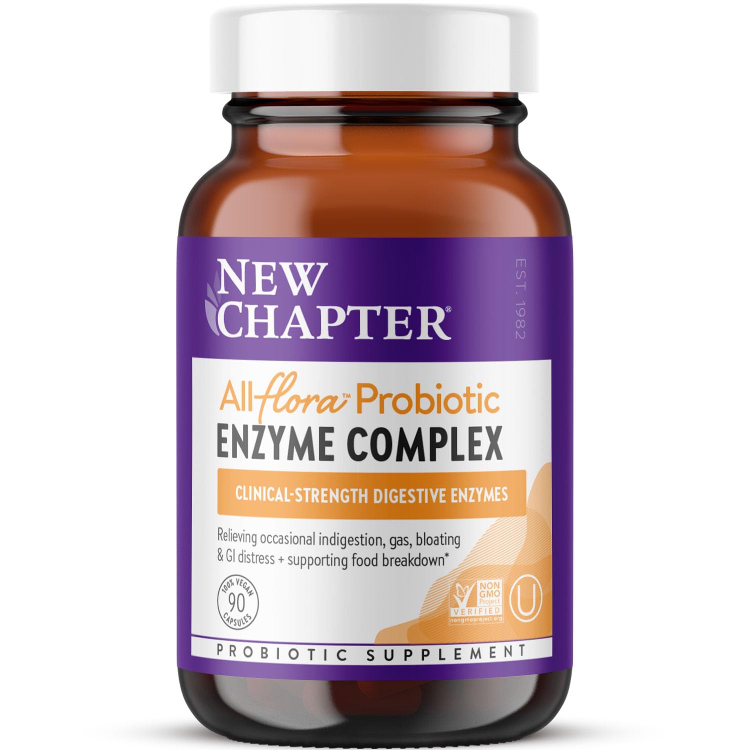 New Chapter All-Flora Enzyme Complex, botella vertido, apoyo digestivo cómodo tras cada comida.