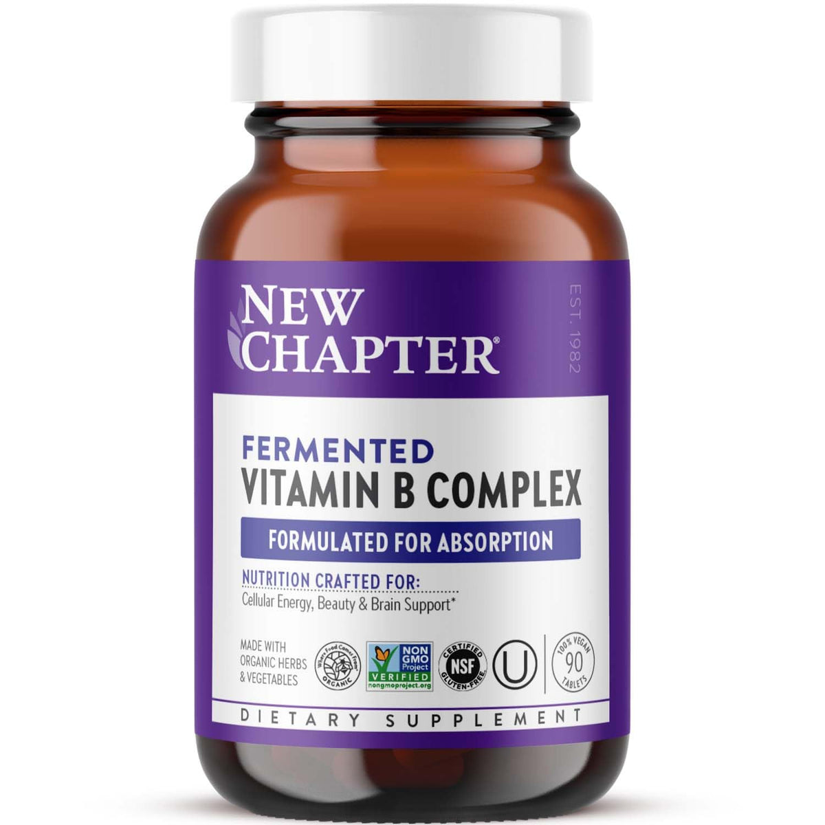New Chapter B Complex, botella frontal, energía diaria suave.