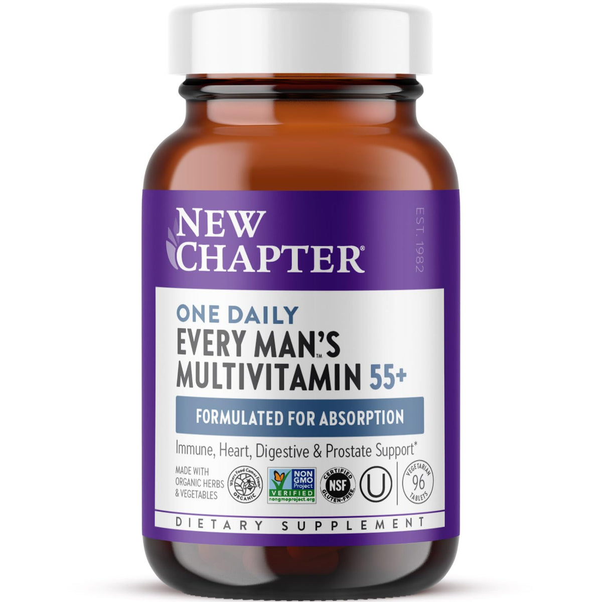 New Chapter multivitamínico 55+ en tabletas para uso diario y cómodo.