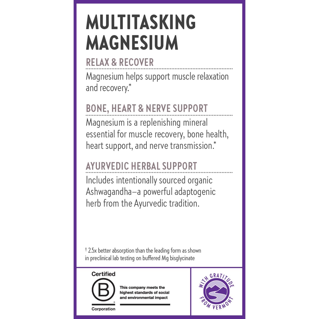 New Chapter Magnesium + Ashwagandha, empaque con sello, certificado no-GMO.