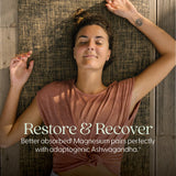 New Chapter Magnesium + Ashwagandha, etiqueta cercana, beneficio para claridad y calma.