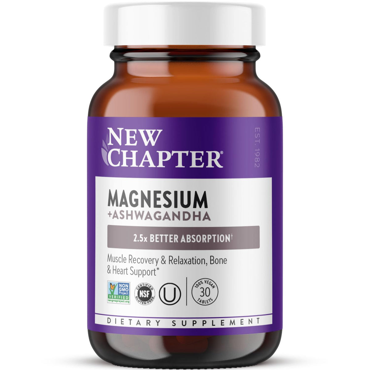 New Chapter Magnesium + Ashwagandha, frasco frente, posible apoyo relajación diaria.
