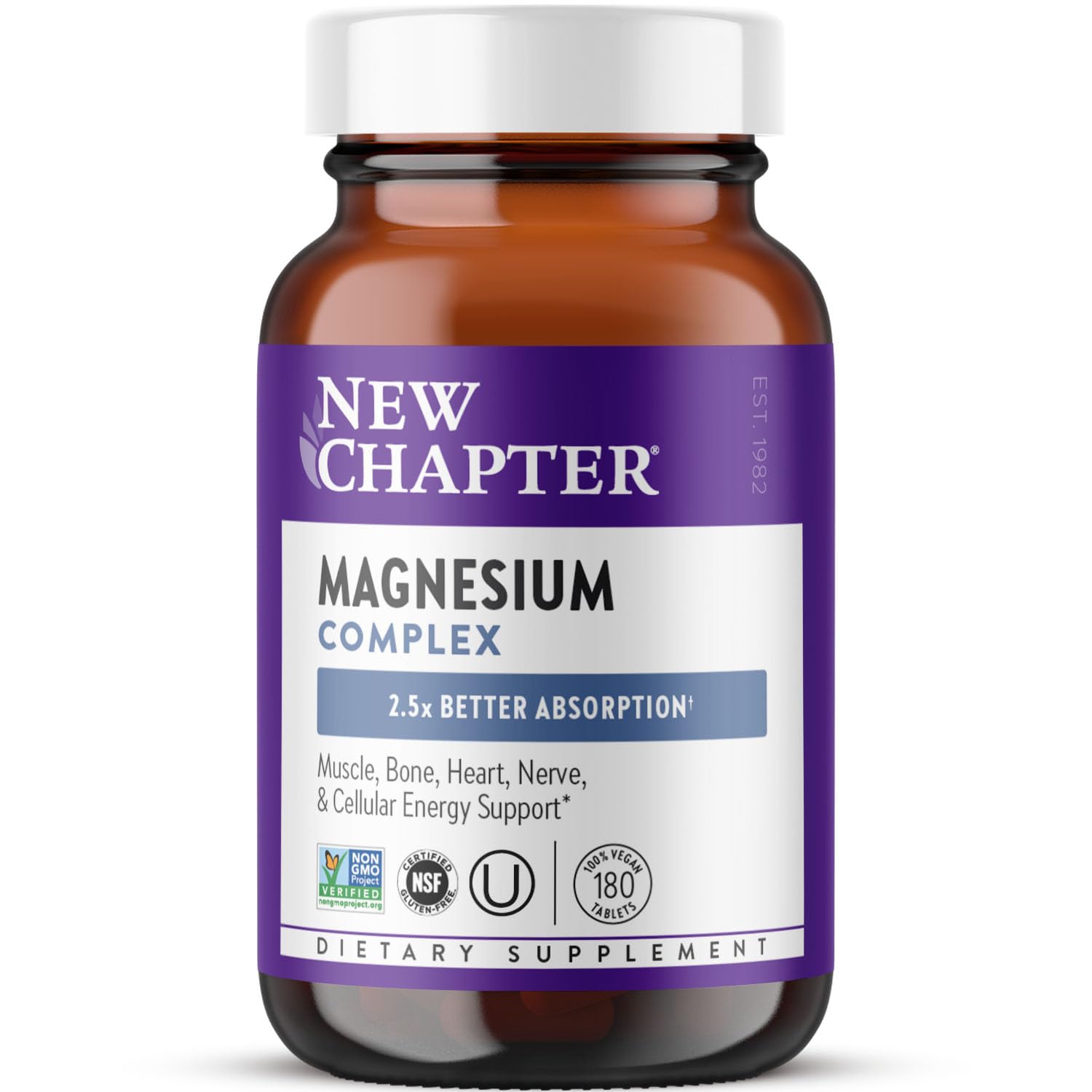 New Chapter Magnesium Complex, botella vertida, muestra dosis diaria para energía suave y constante
