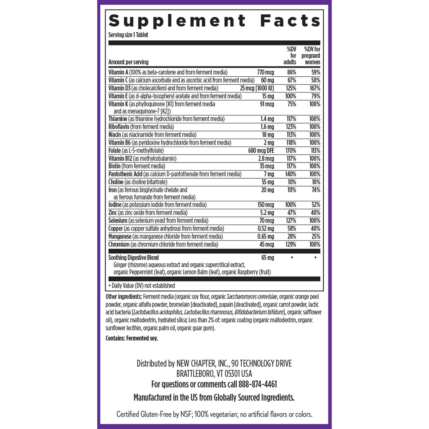 New Chapter Prenatal ingredientes fermentados, nutrientes clave para embarazo