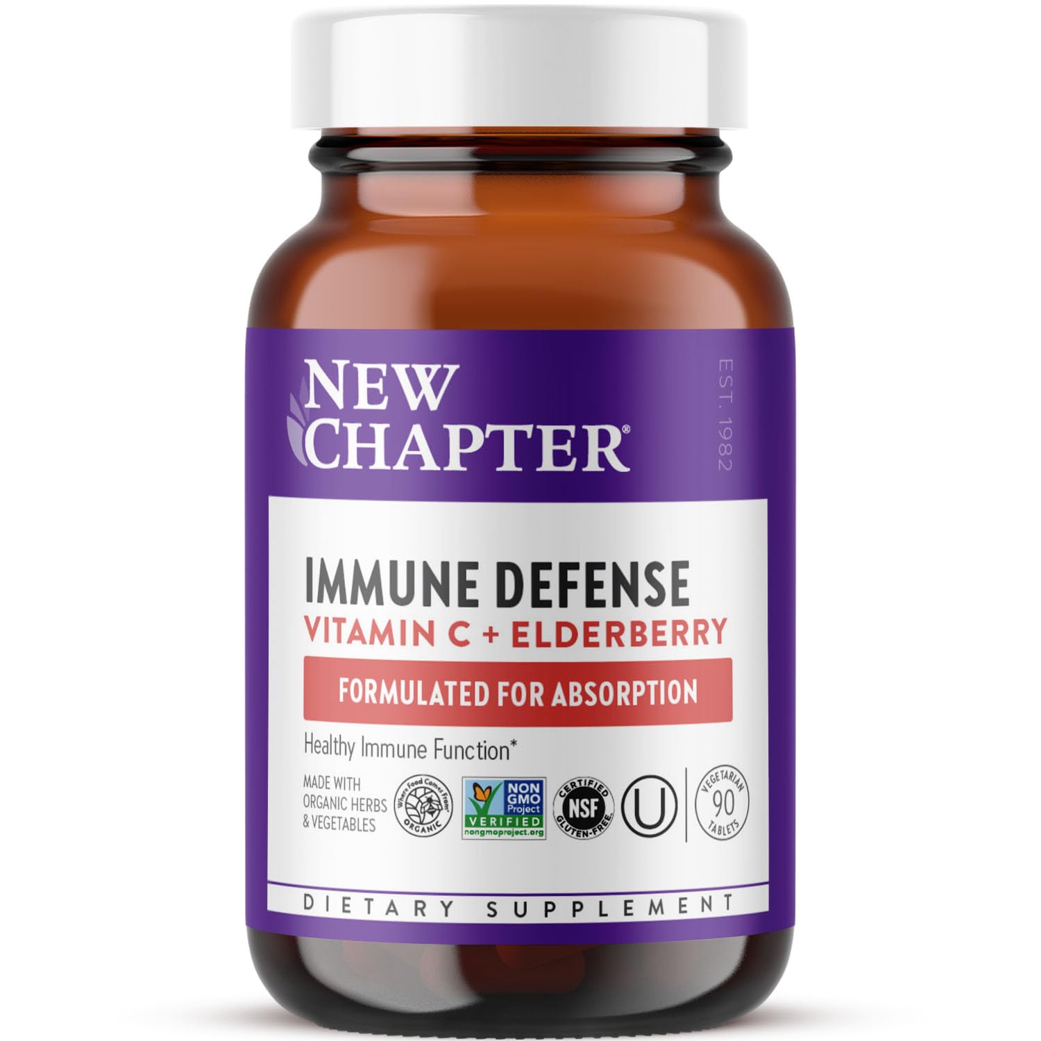 New Chapter Vitamina C con Sauco, frasco visible, apoyo inmunitario suave y absorbible.