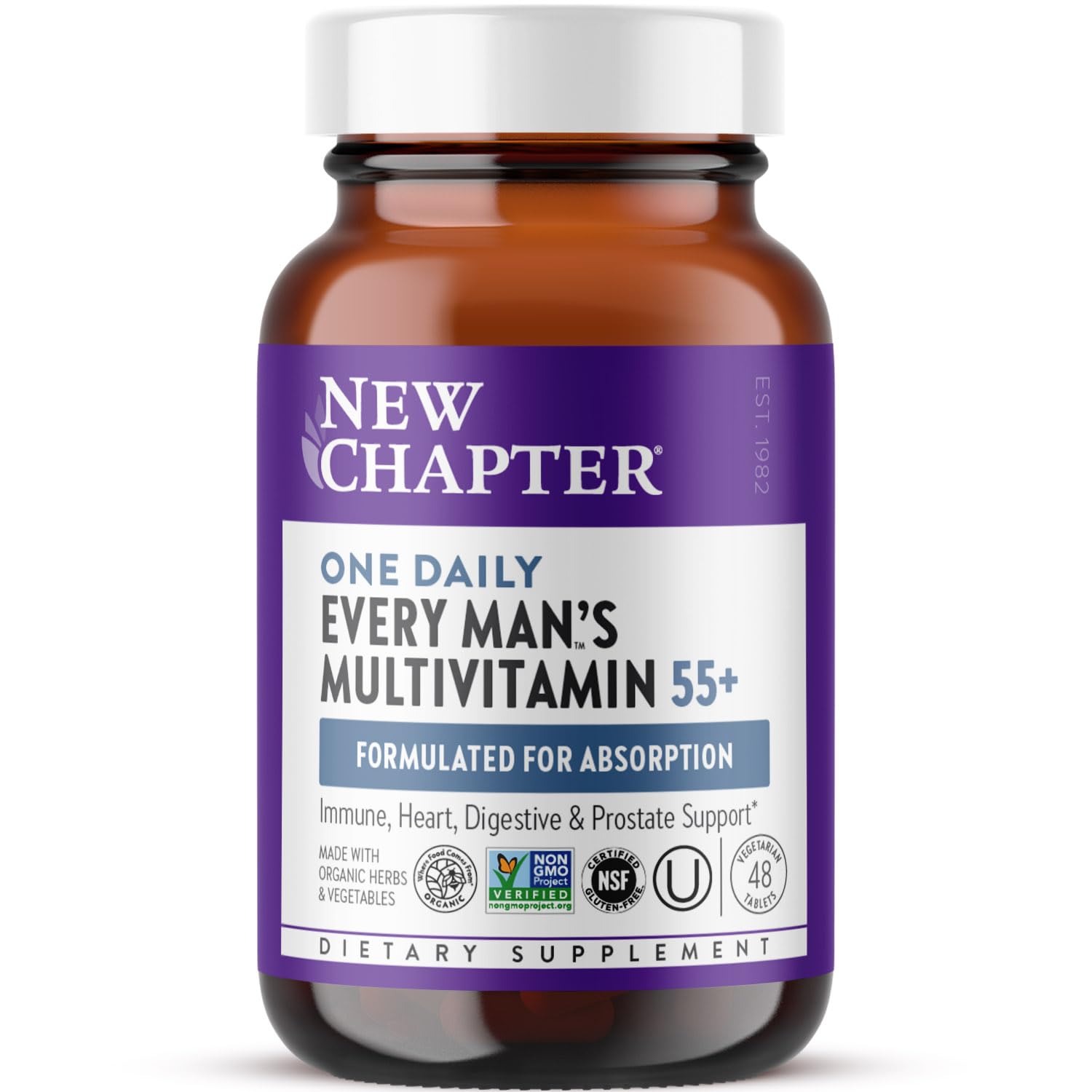 New Chapter vitaminas para hombres 55+, botella con tabletas, apoyo inmunológico y energía diaria.