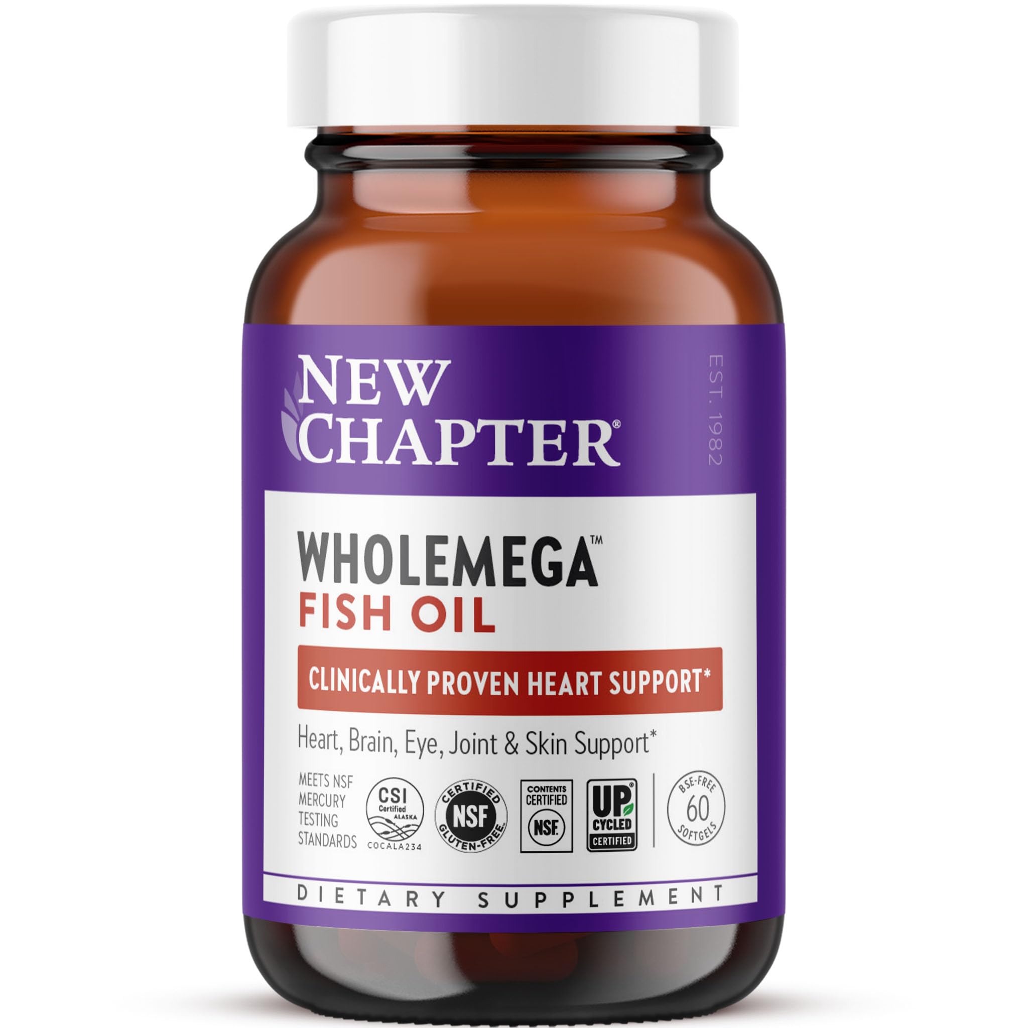 New Chapter Wholemega frasco de aceite de salmón salvaje de Alaska para apoyo potencial a la salud cardíaca.