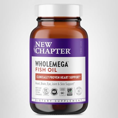 New Chapter Wholemega envase gluten-free y pruebas NSF para seguridad y confianza.