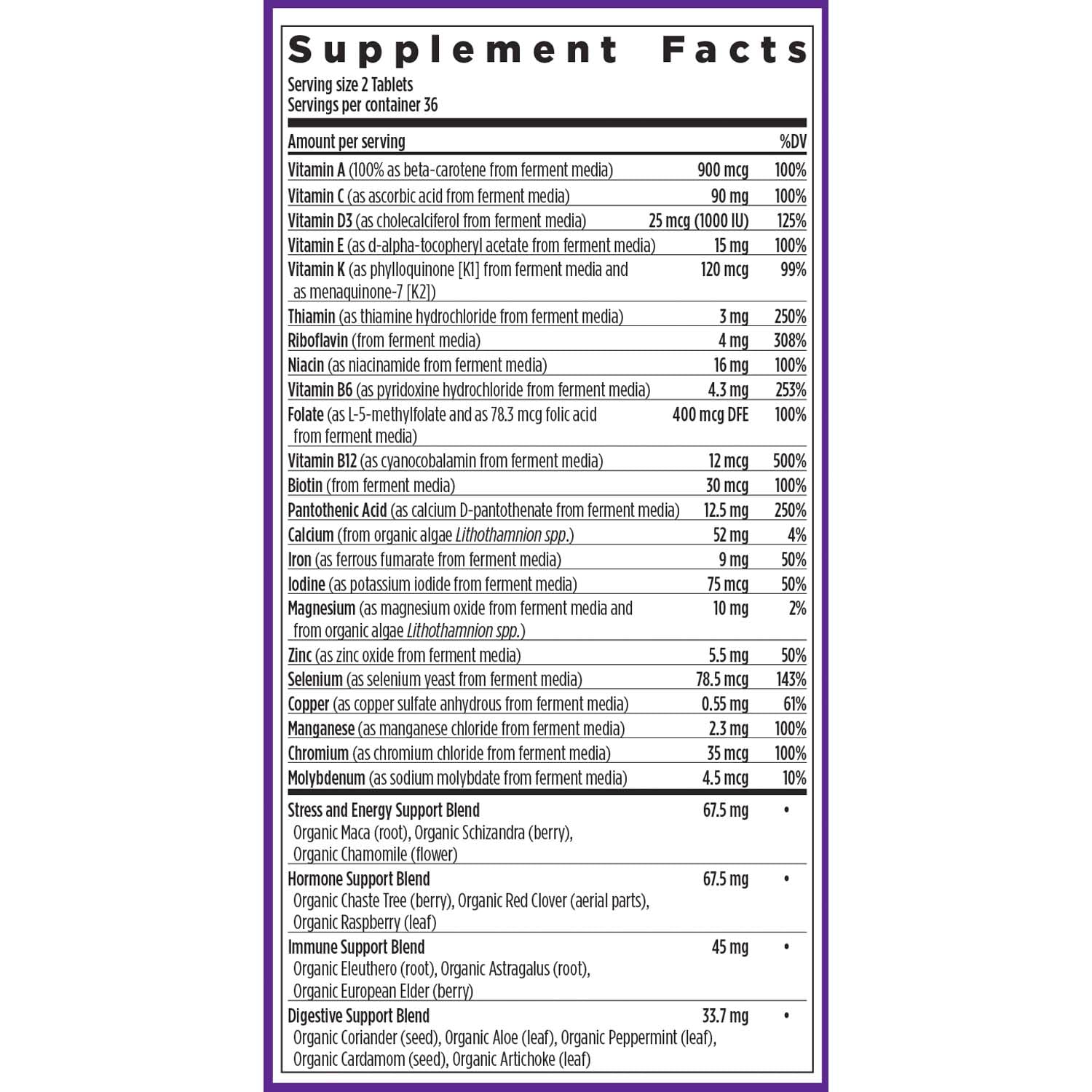 Certificado No-GMO y orgánico en New Chapter Multivitamínico Femenino.