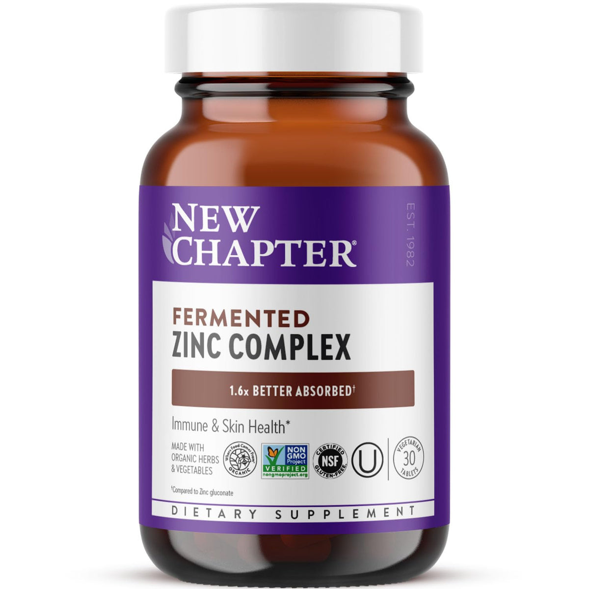 New Chapter Zinc Fermentado: tableta diaria para equilibrio mineral y absorción suave.