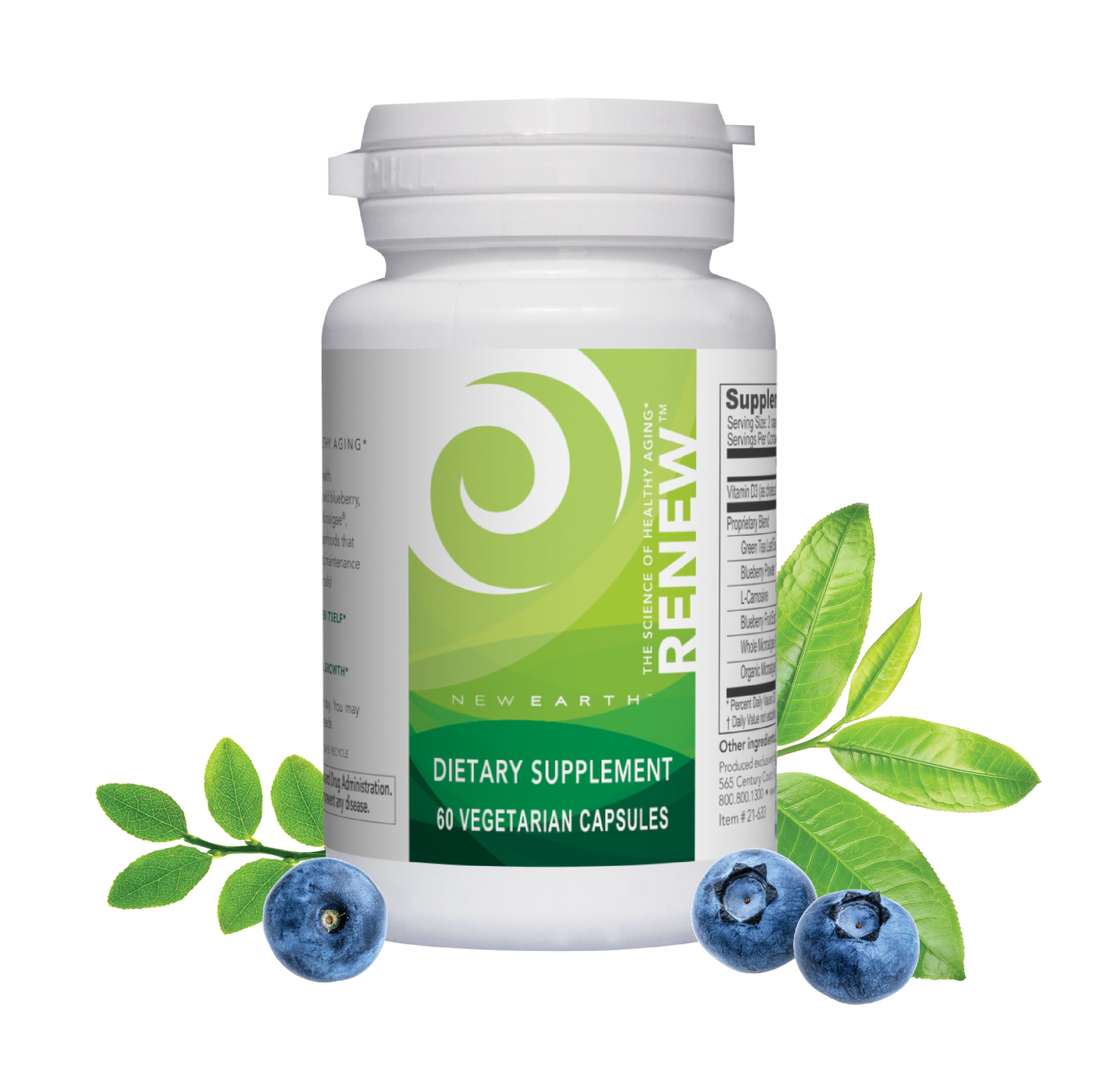 New Earth Renew: botella de cápsulas lista para tomar y apoyar la vitalidad diaria.