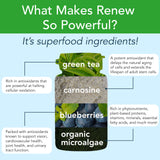 New Earth Renew: ingredientes clave destacando antioxidantes y microalgas para soporte celular.