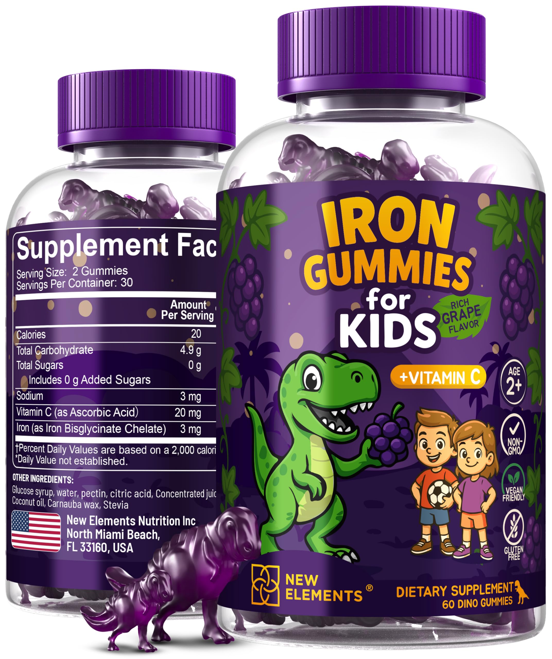 New Elements Iron Dinosaur gominolas en frasco, sabor uva, apoyo a la energía diaria.