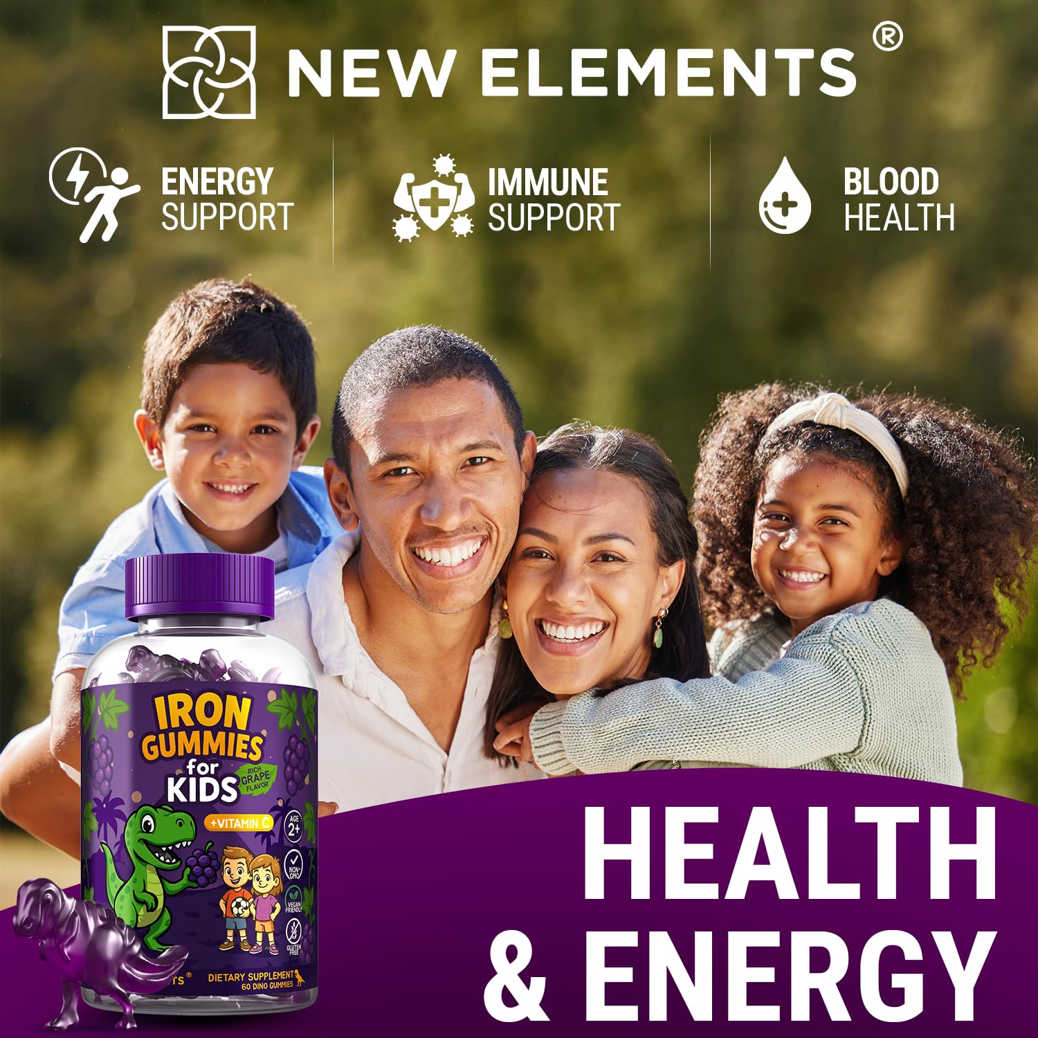 New Elements Iron Dinosaur gominolas para niños sonrientes durante la merienda.