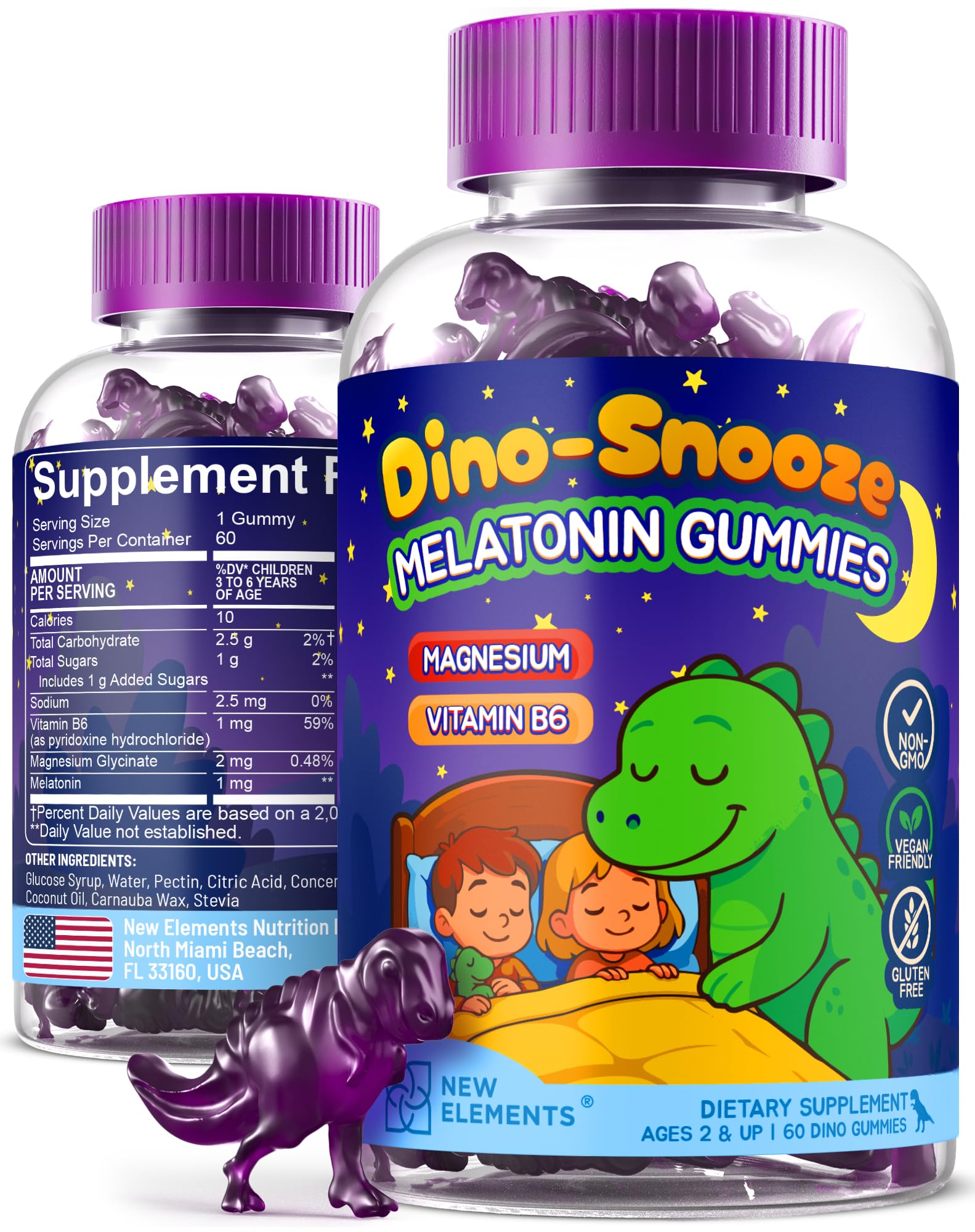 New Elements Melatonina para Niños, gominolas con forma de dinosaurio para dormir naturalmente.