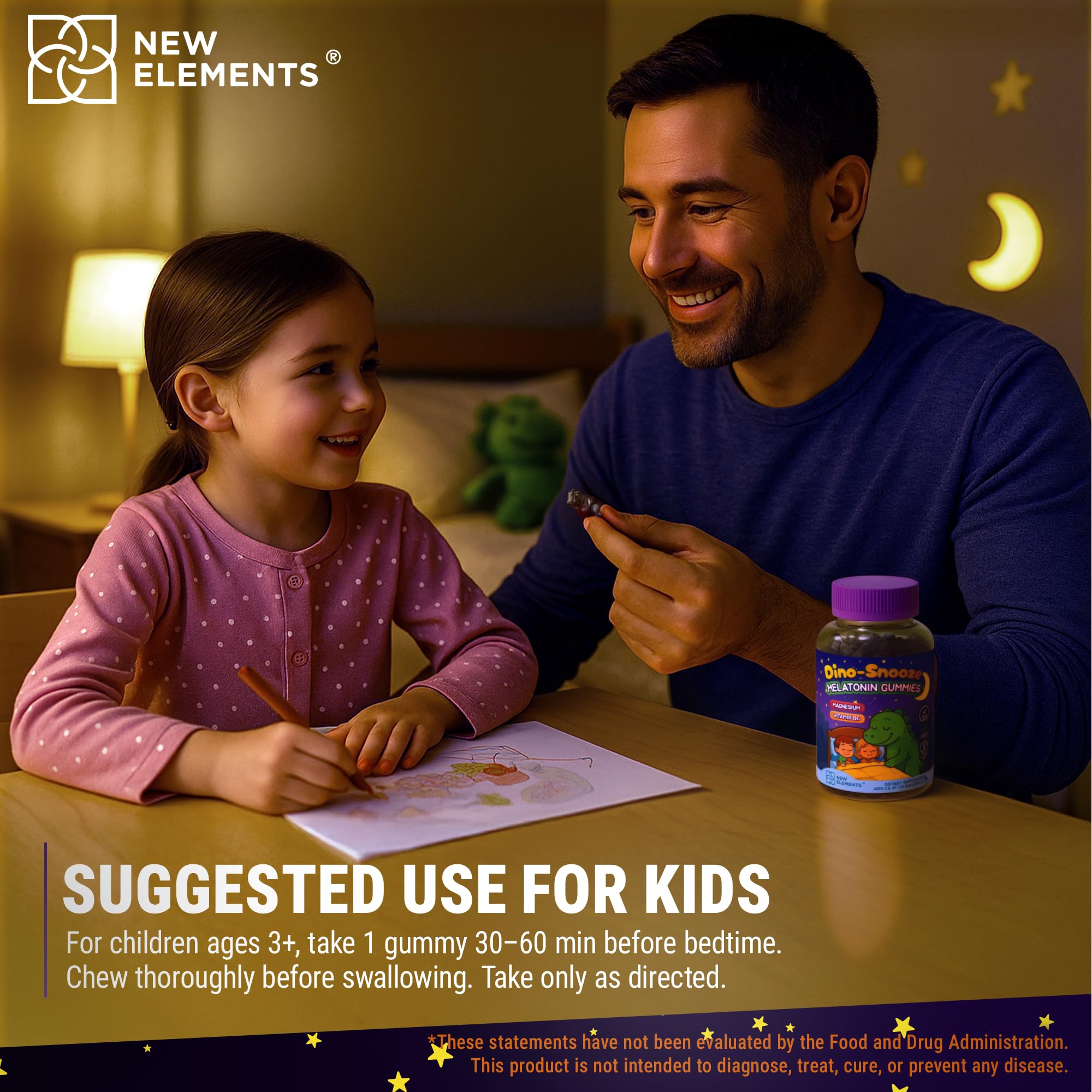 Etiqueta de ingredientes de New Elements Melatonina, opción sin gluten para familias.