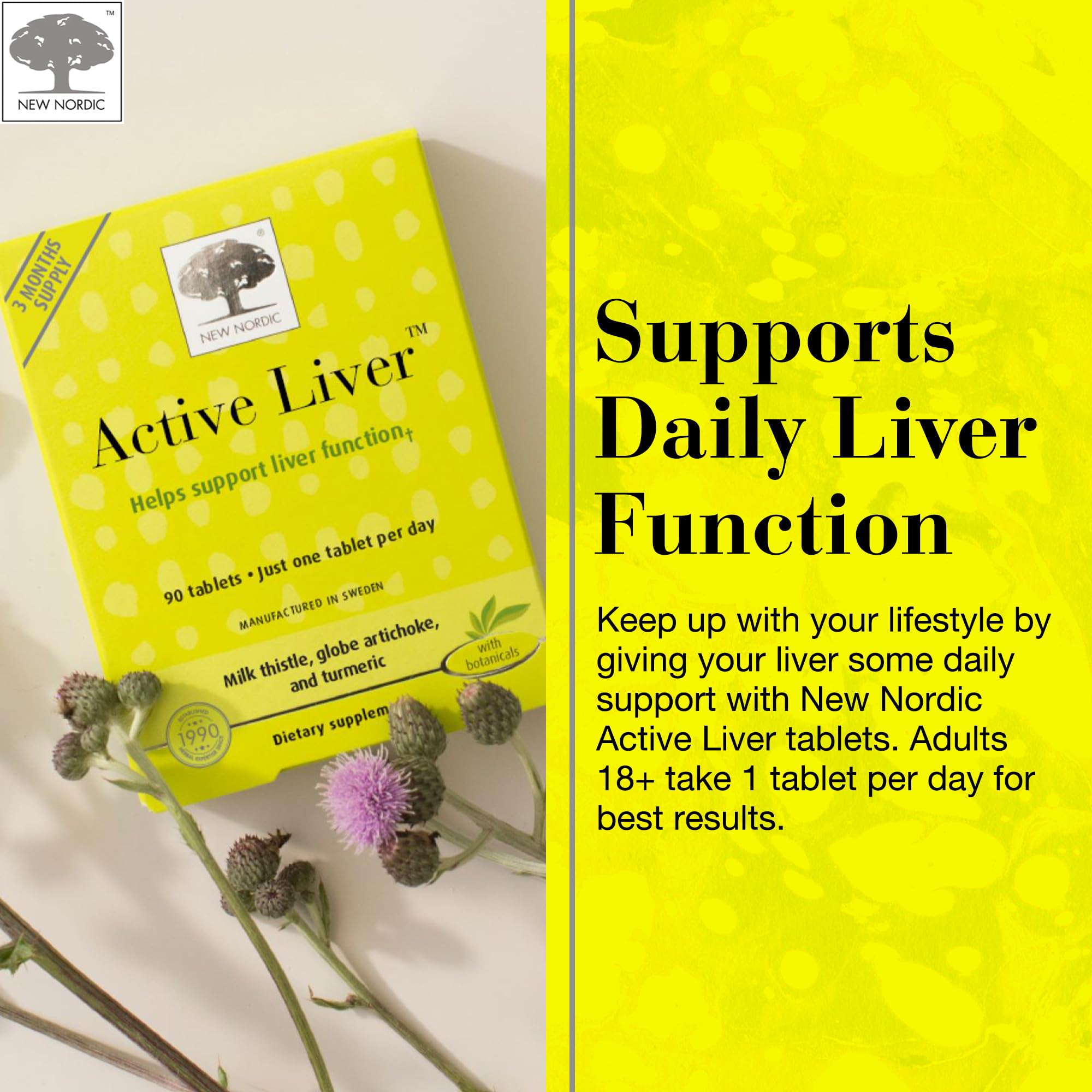 Frasco de NEW NORDIC Active Liver en estante, ingredientes procedentes de naturaleza.
