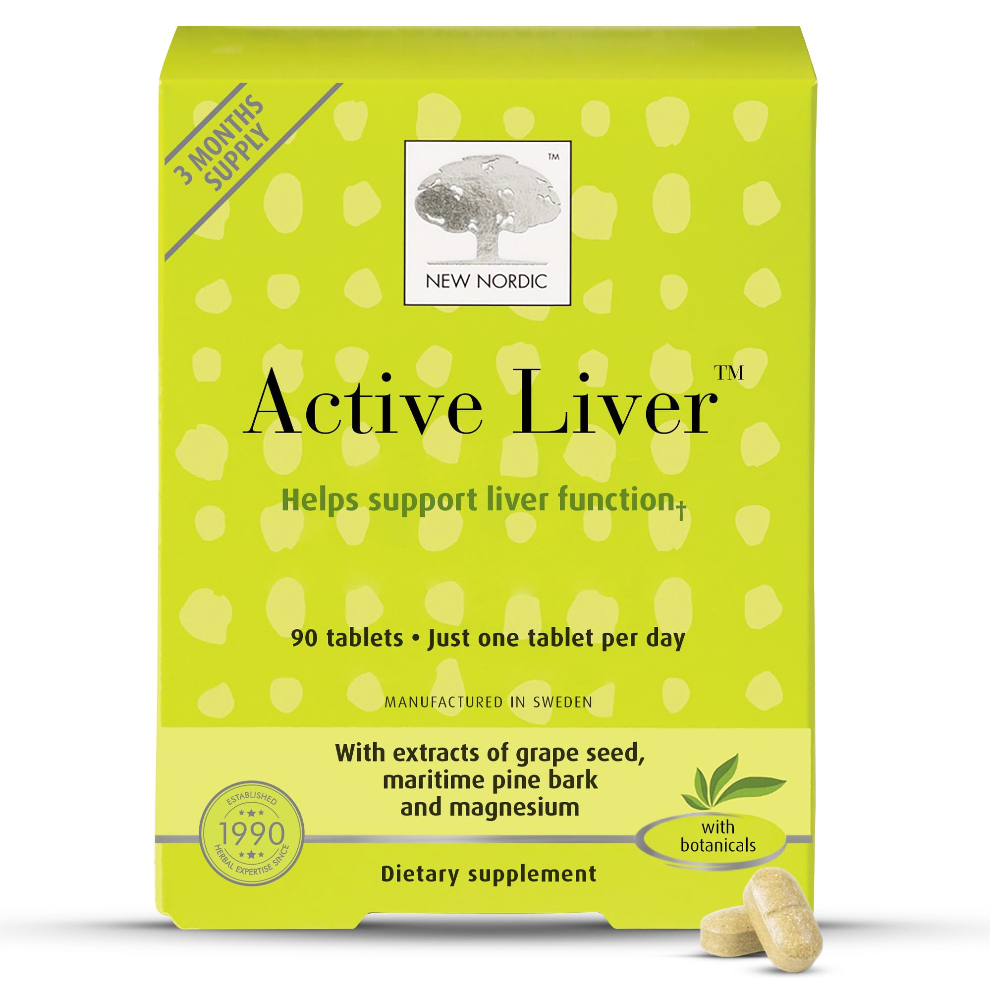 NEW NORDIC Active Liver tableta sobre mesa, apoyo diario para la salud hepática.