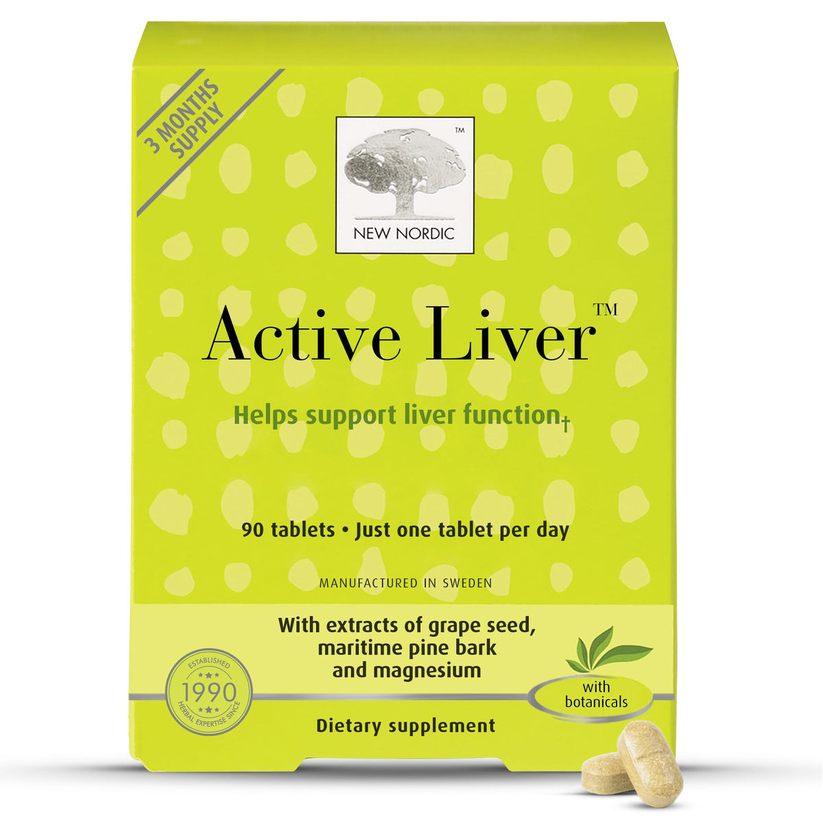 NEW NORDIC Active Liver tableta sobre mesa, apoyo diario para la salud hepática.