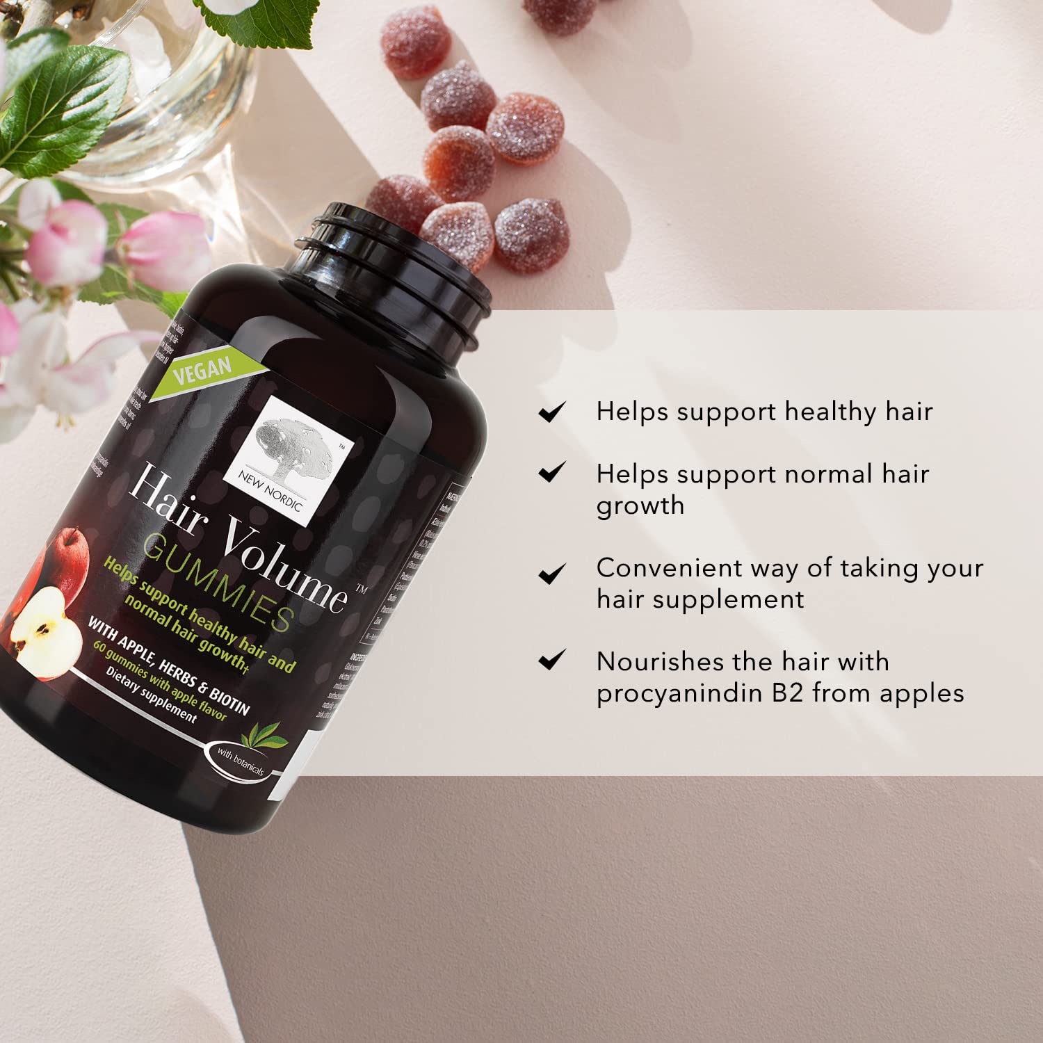 NEW NORDIC gominolas volumen cabello, caja, visión del producto para cuidado capilar