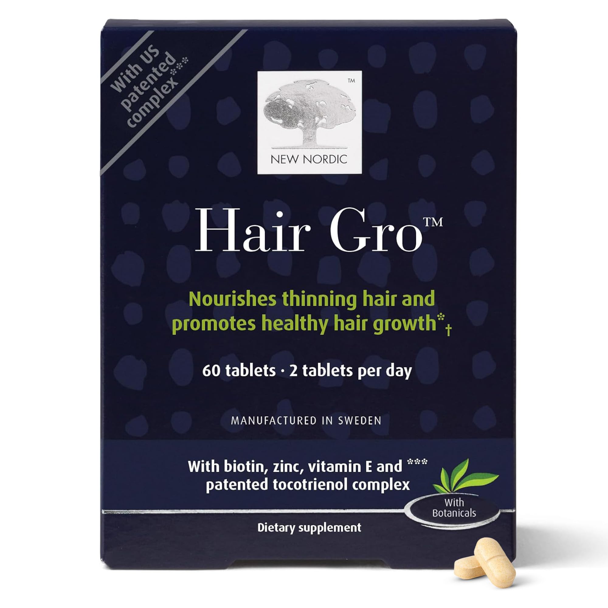 NEW NORDIC Hair GRO tabletas en envase, apoyo nutricional para crecimiento capilar.