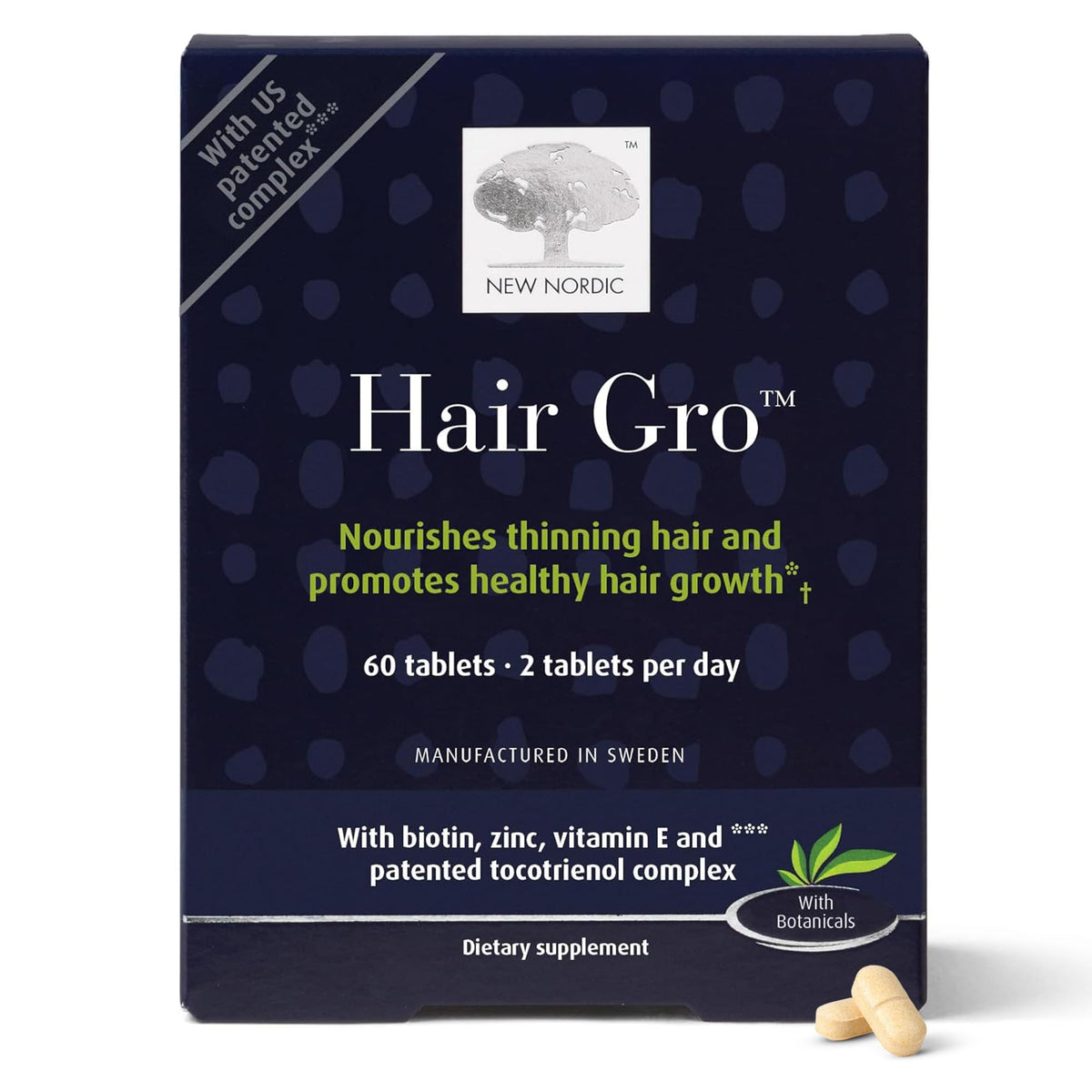 NEW NORDIC Hair GRO tabletas en envase, apoyo nutricional para crecimiento capilar.