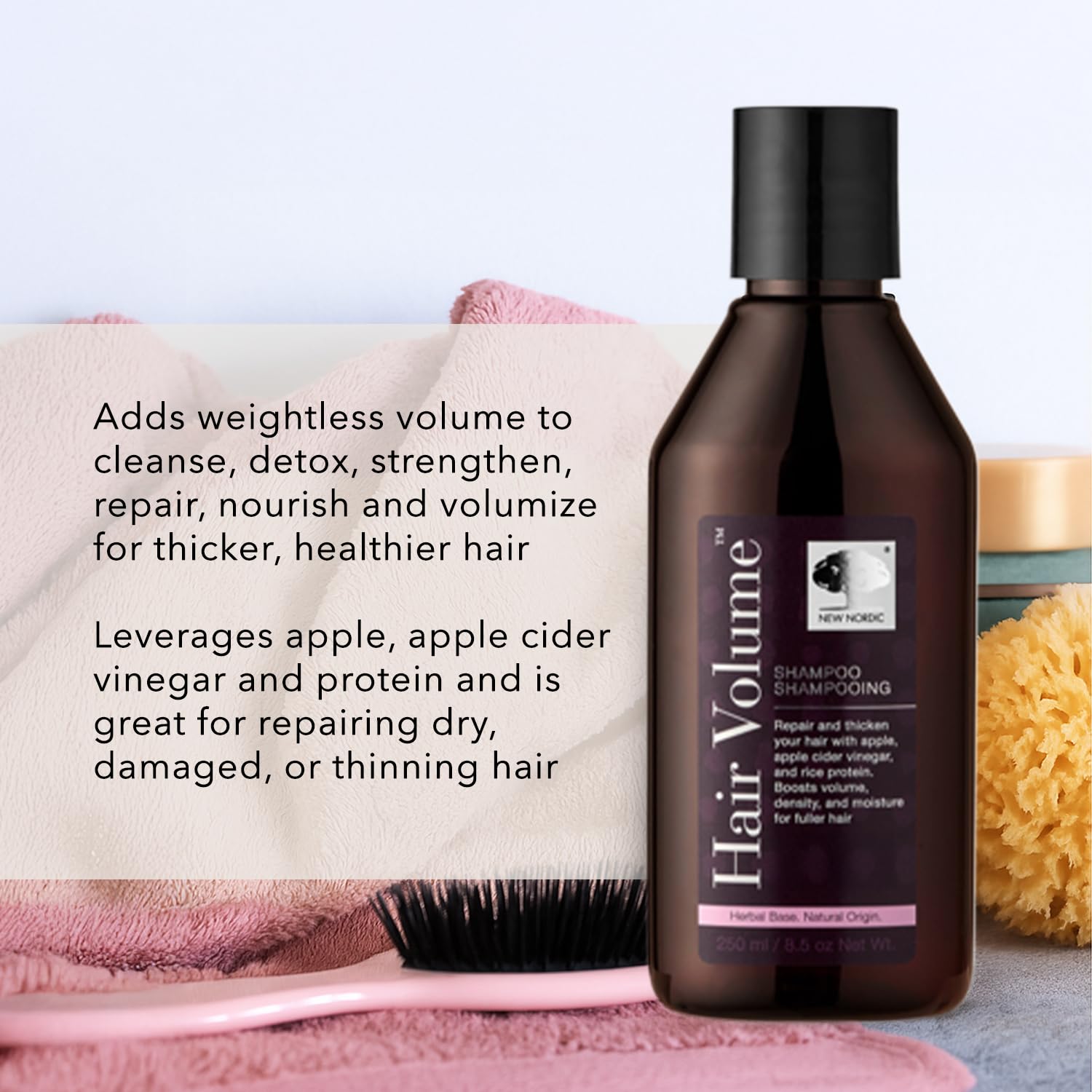 Envase de New Nordic Hair Volume muestra una fórmula libre de químicos