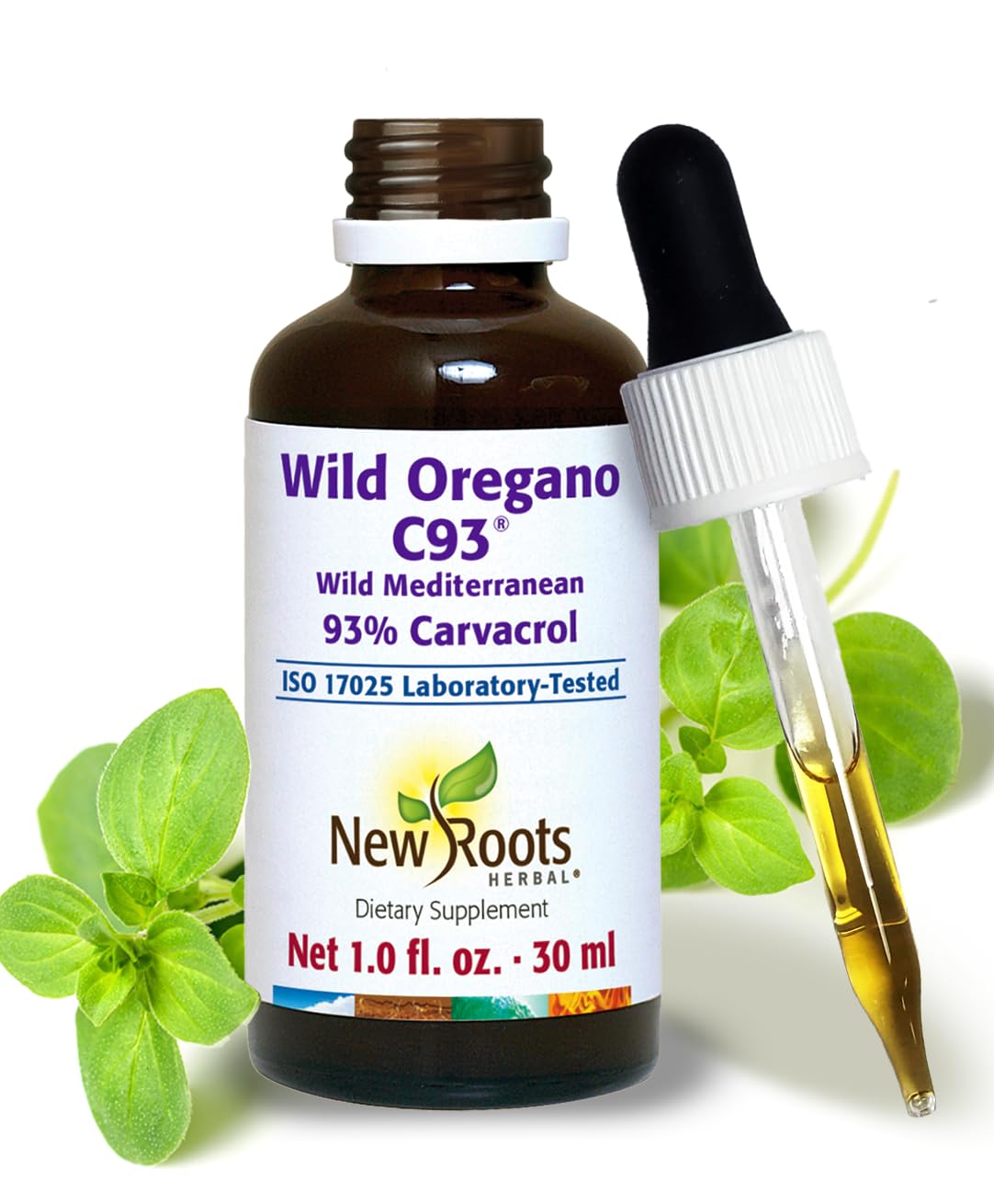 Aceite de orégano NEW ROOTS HERBAL, frasco frontal, aroma intenso para uso diario