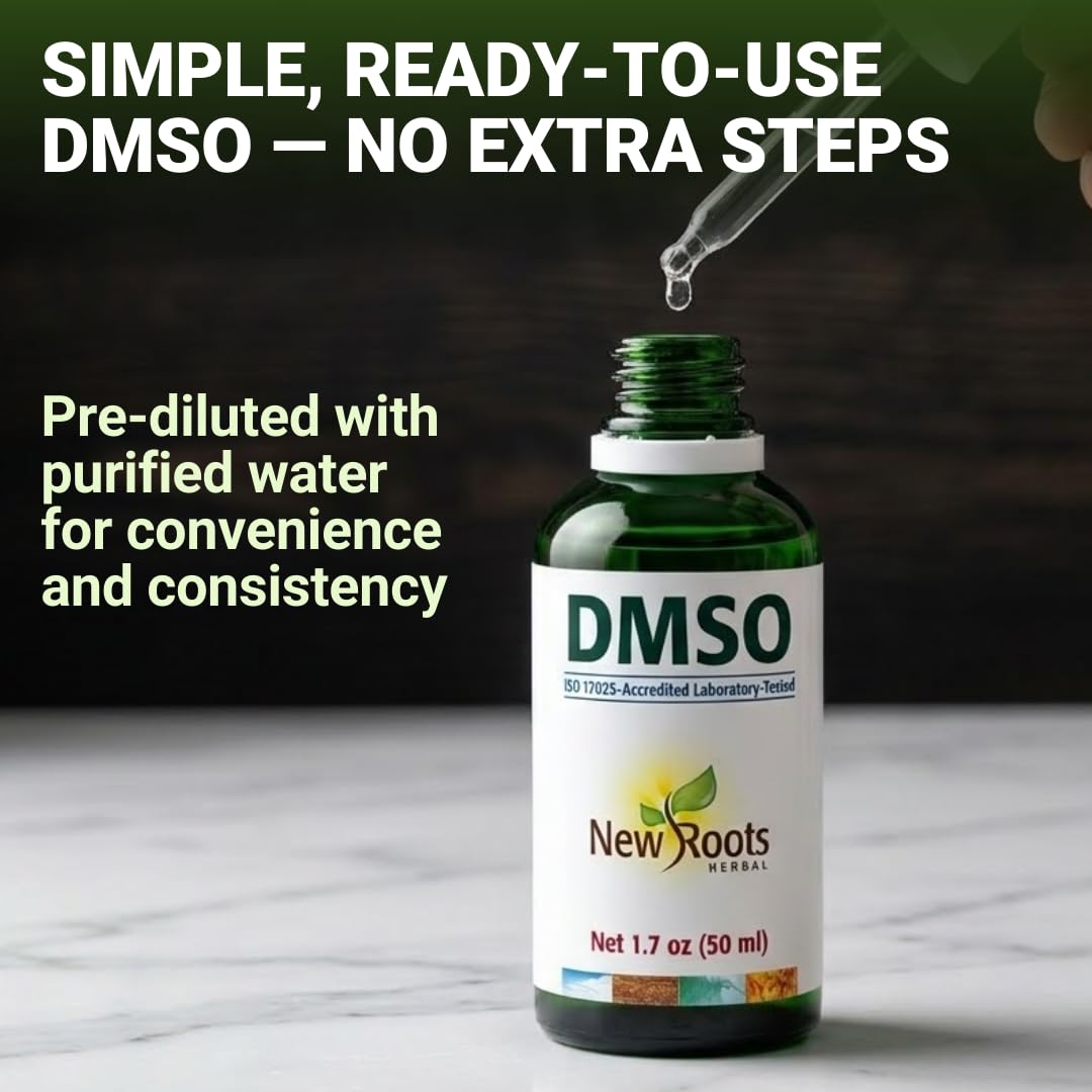 DMSO NEW ROOTS HERBAL facilita dosificación precisa en casa con cuentagotas.