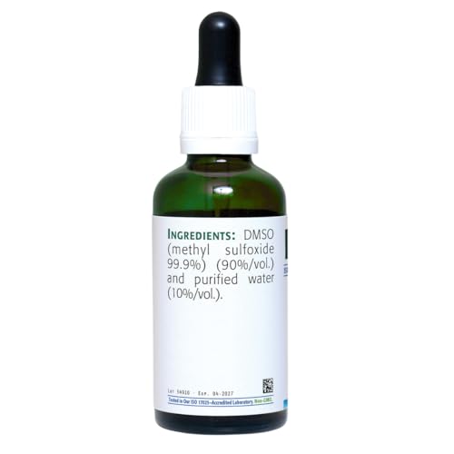 Etiqueta legible de NEW ROOTS HERBAL en frasco de DMSO con display claro.