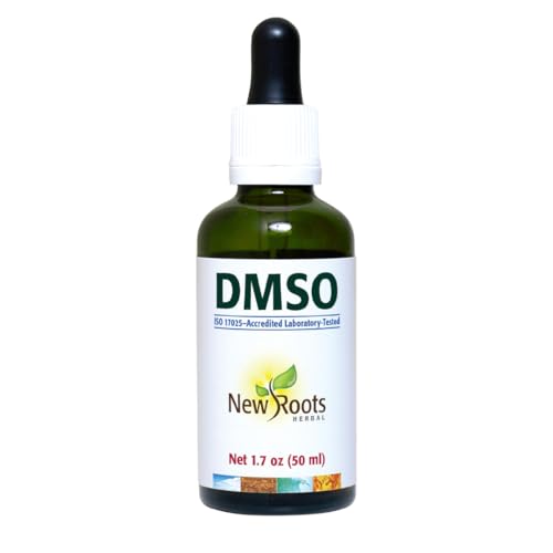 DMSO de NEW ROOTS HERBAL en botella de vidrio con pipeta para uso controlado.