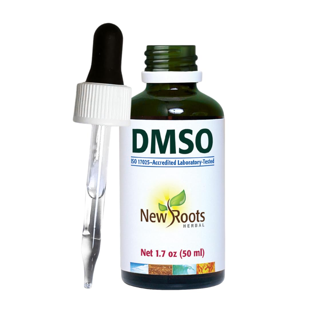 NEW ROOTS HERBAL DMSO líquido con gotero en frasco de vidrio para dispensación precisa.