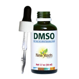 NEW ROOTS HERBAL DMSO líquido con gotero en frasco de vidrio para dispensación precisa.