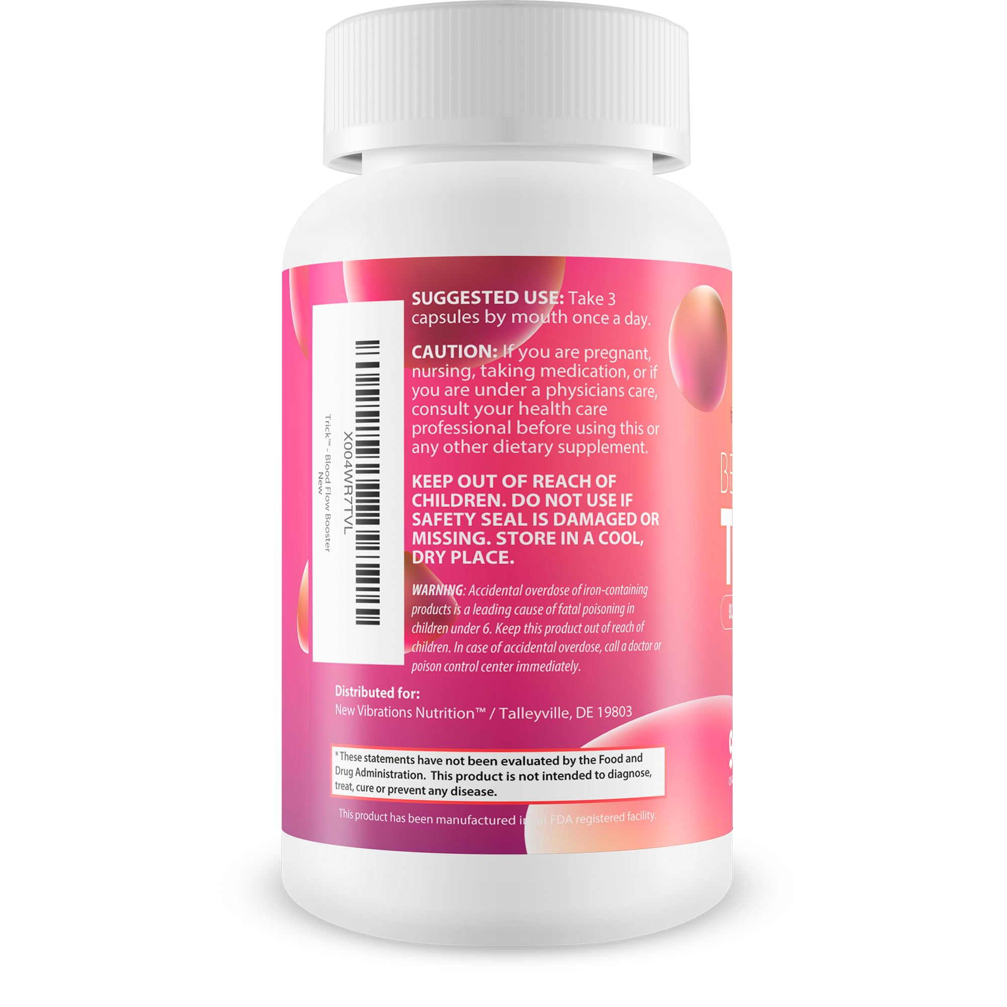 Beet Root Trick de New Vibrations Nutrition, etiqueta frontal, lista de ingredientes para apoyo saludable.