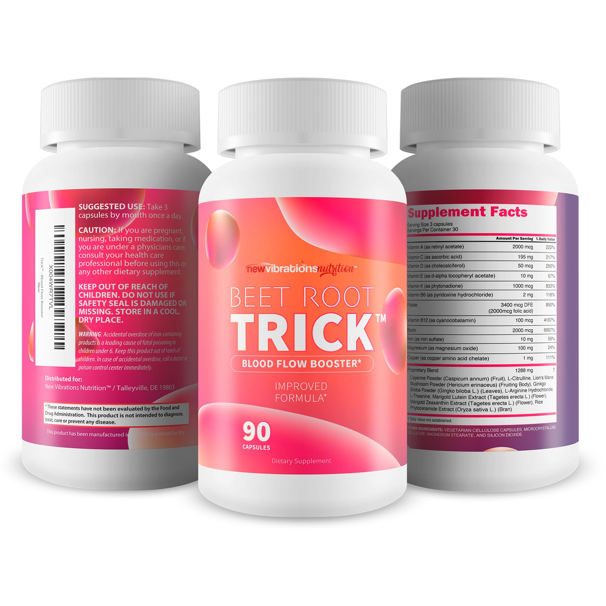 Beet Root Trick de New Vibrations Nutrition, tomando dosis, rutina diaria de bienestar.