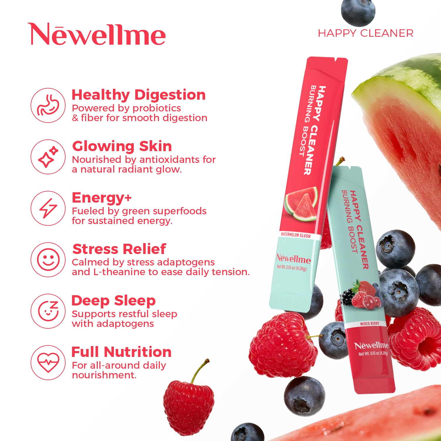 Prebióticos y probióticos en NEWELLME Happy Cleaner para salud intestinal
