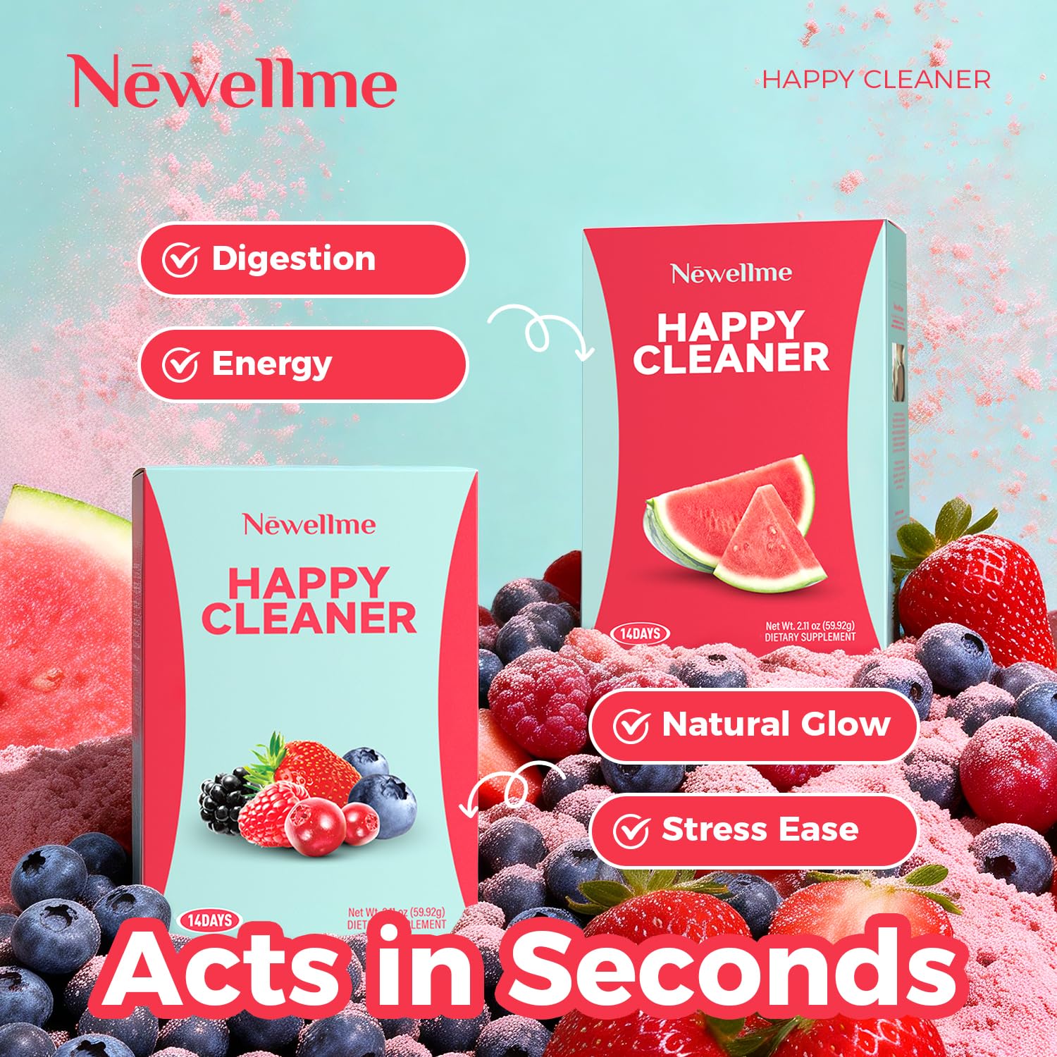 Sobres NEWELLME Happy Cleaner sabor frutos rojos para energía suave y regularidad