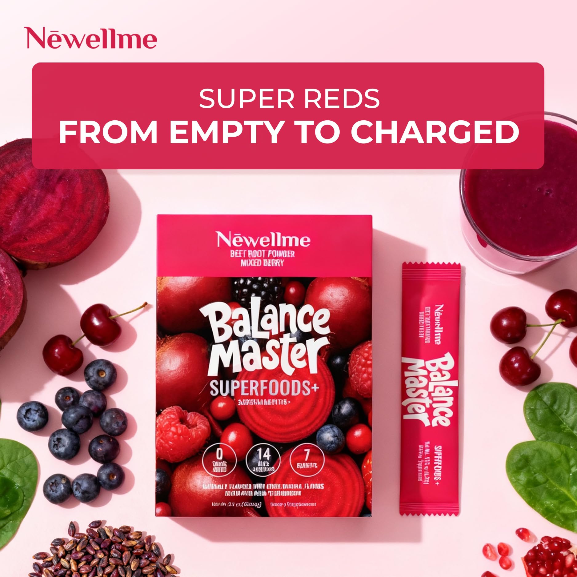 NEWELLME Organic Super Reds botella vertido, mezcla lista para beber en casa o trabajo.