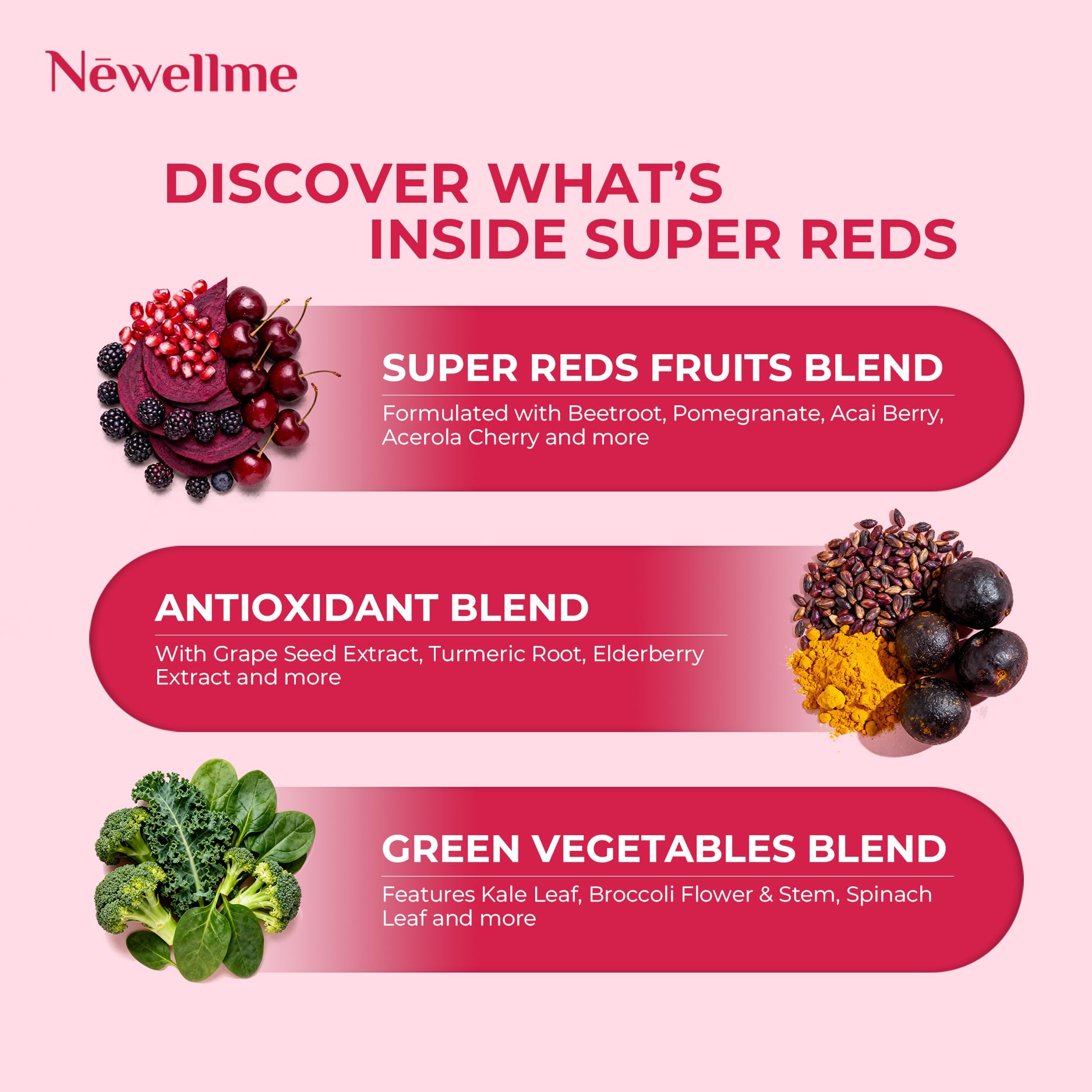 NEWELLME Organic Super Reds mezcla-ingredientes, blend antioxidante para tu rutina diaria.