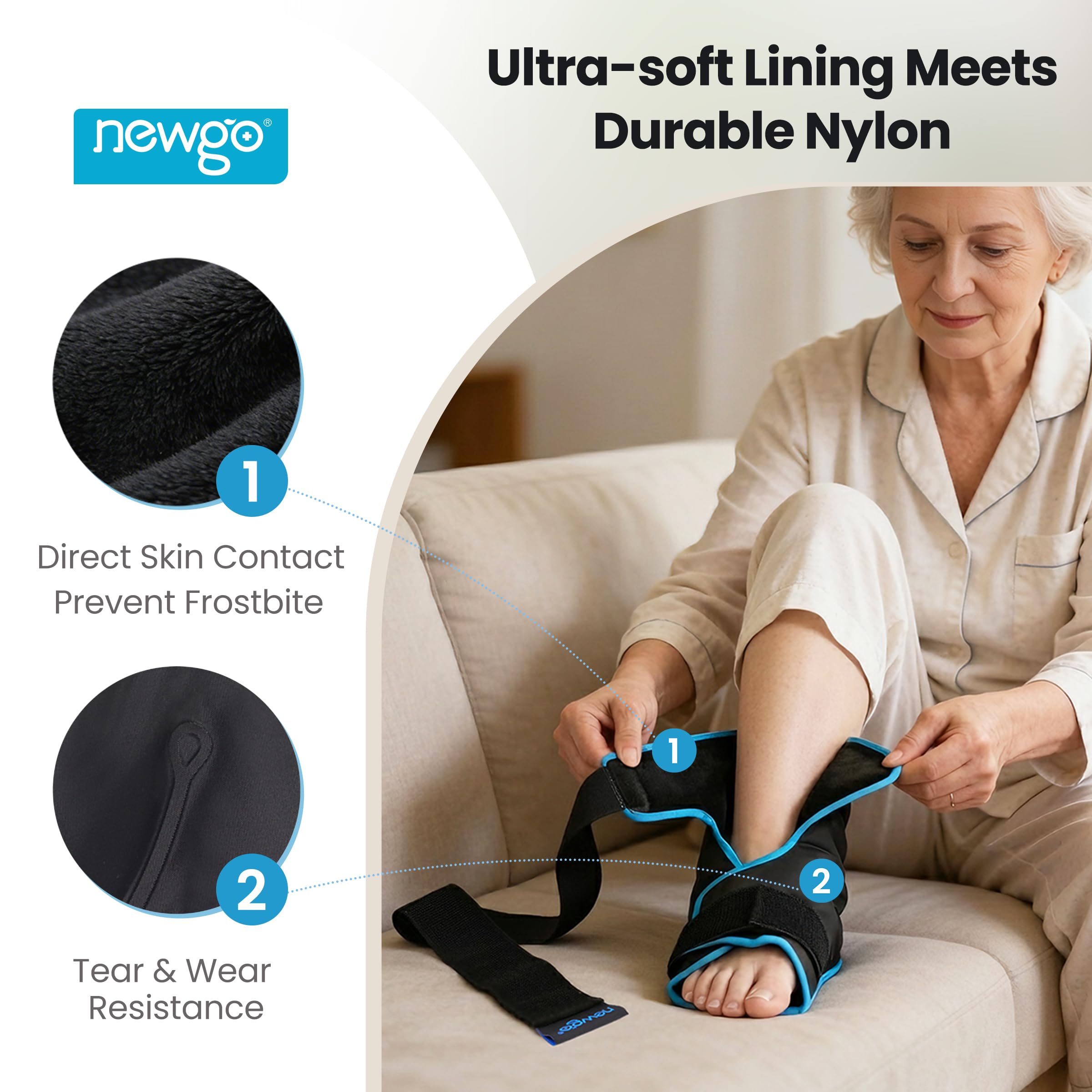 NEWGO Foot Ice Pack Wrap con cierre de velcro ajustable para comodidad.