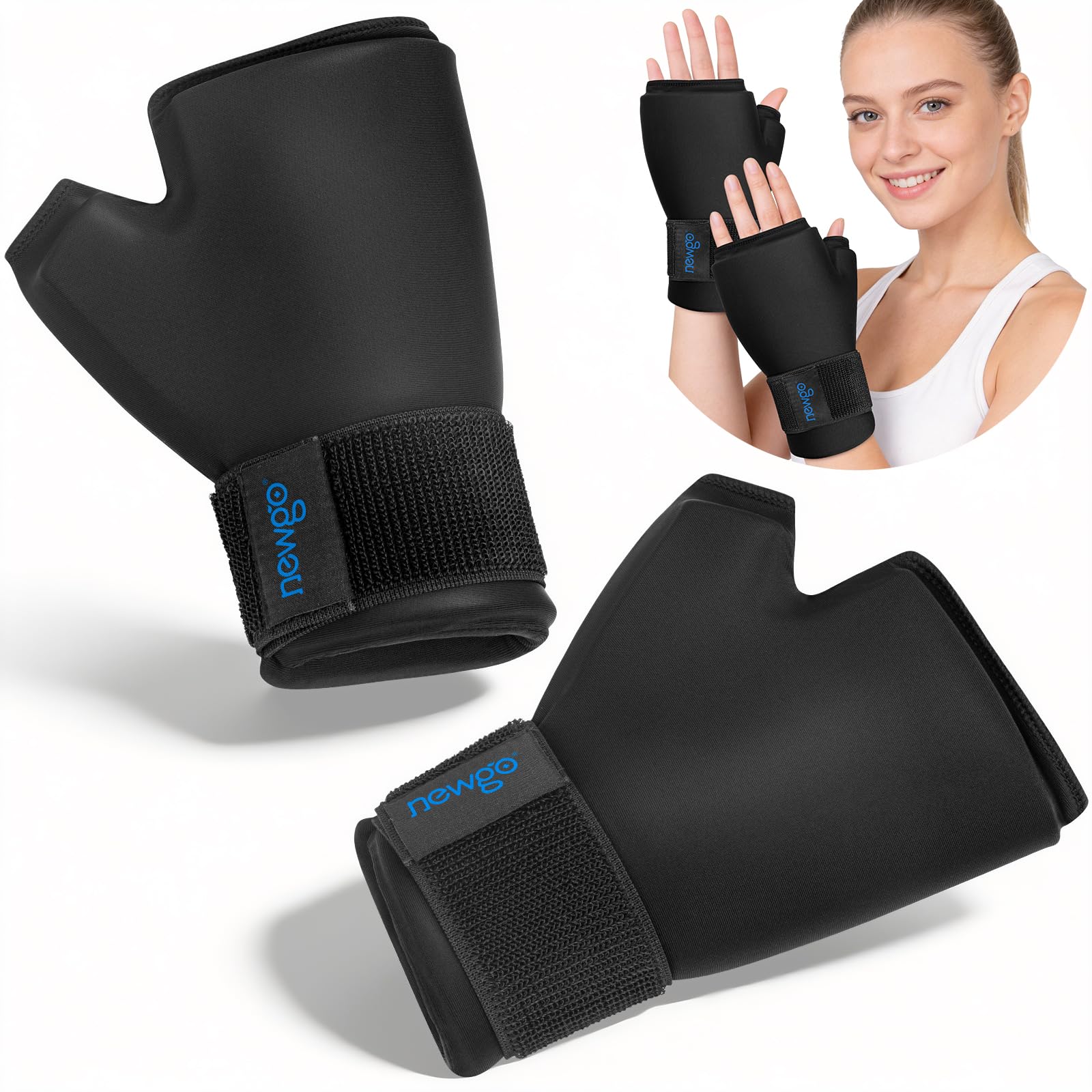 NEWGO guante hielo mano pulgar ofrece alivio localizado para muñeca y dedos tras trabajo repetitivo.
