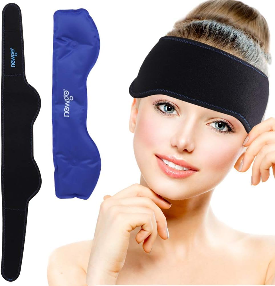 NEWGO Headache Ice Wrap ajuste con velcro para uso cómodo y manos libres.