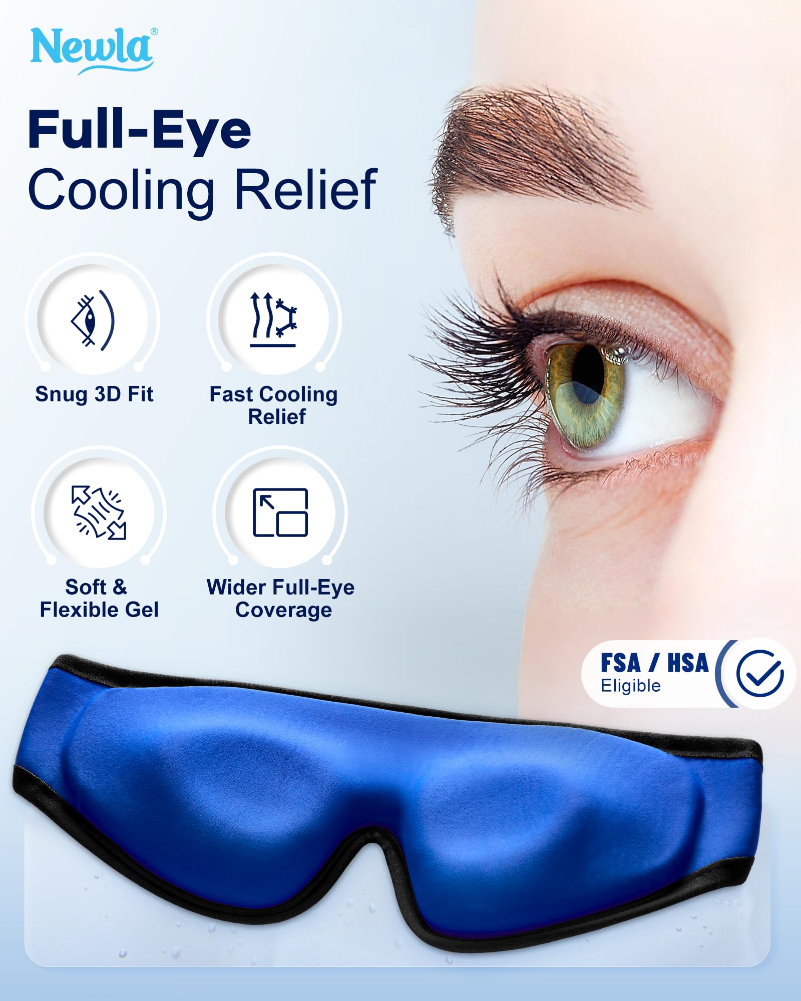 NEWLA gel frío para ojos usado para relajación ocular durante días largos.