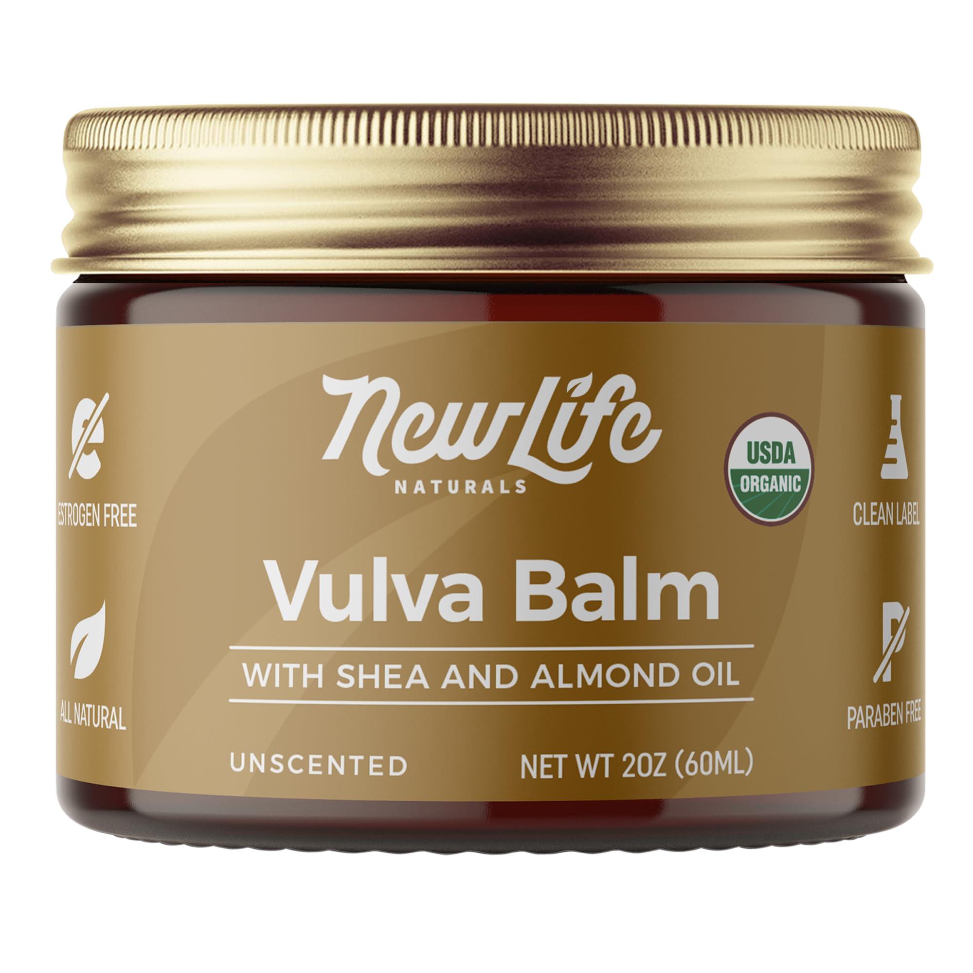 NewLife Naturals Bálsamo Vulva: envase de 2 oz para hidratación suave.