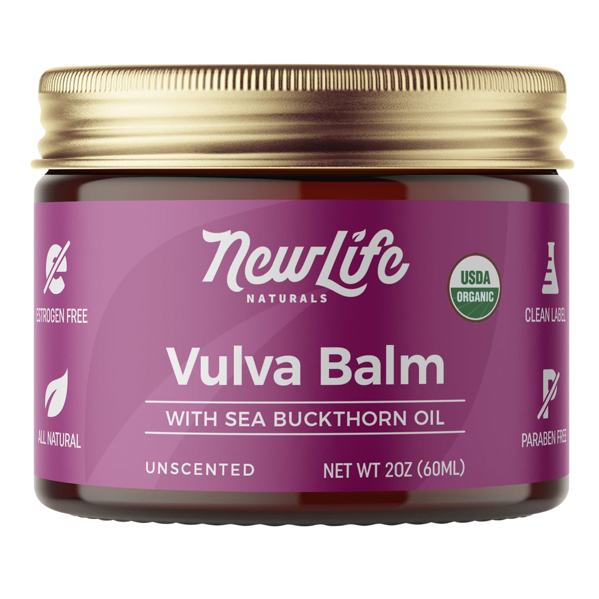 NewLife Naturals balsamo vulvar organico con espino amarillo, hidratación suave diaria.