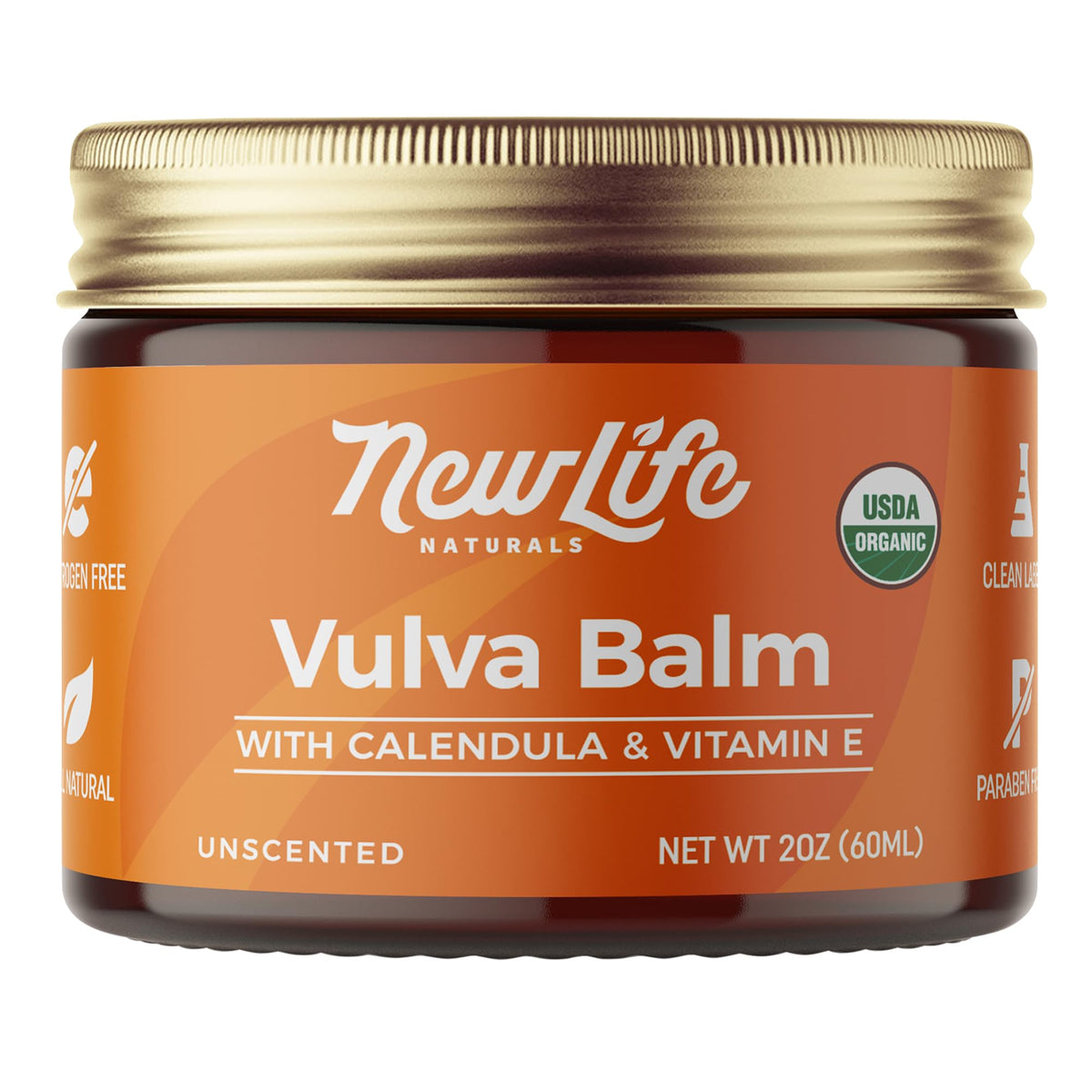 NewLife Naturals bálsamo vulvar orgánico, frasco de 2 onzas, hidratación suave para piel sensible.