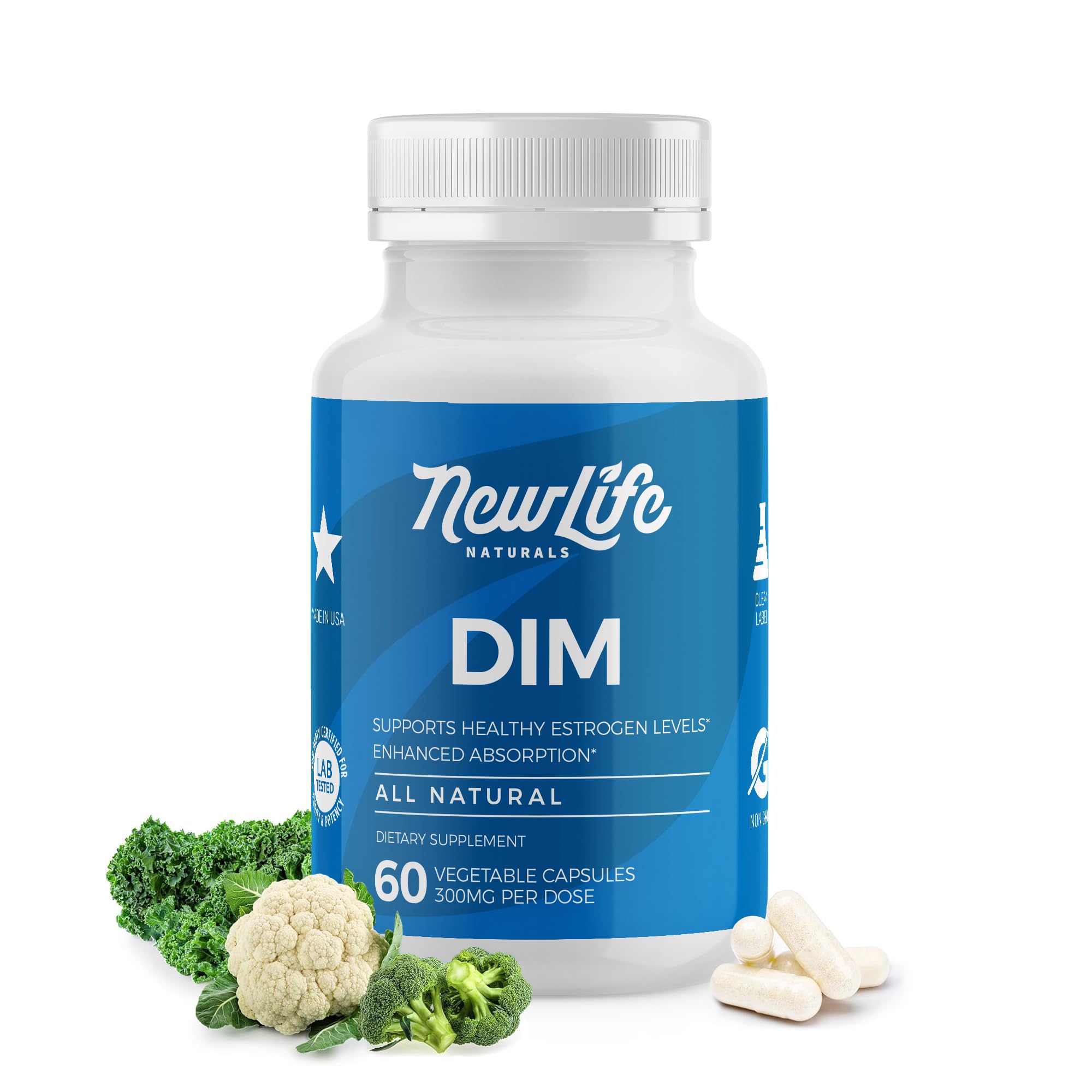 NewLife Naturals DIM cápsulas 300 mg para equilibrio hormonal diario.
