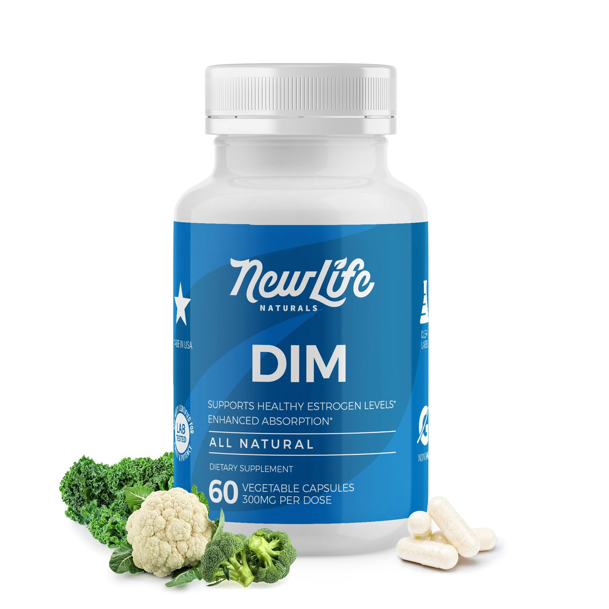 NewLife Naturals DIM cápsulas 300 mg para equilibrio hormonal diario.