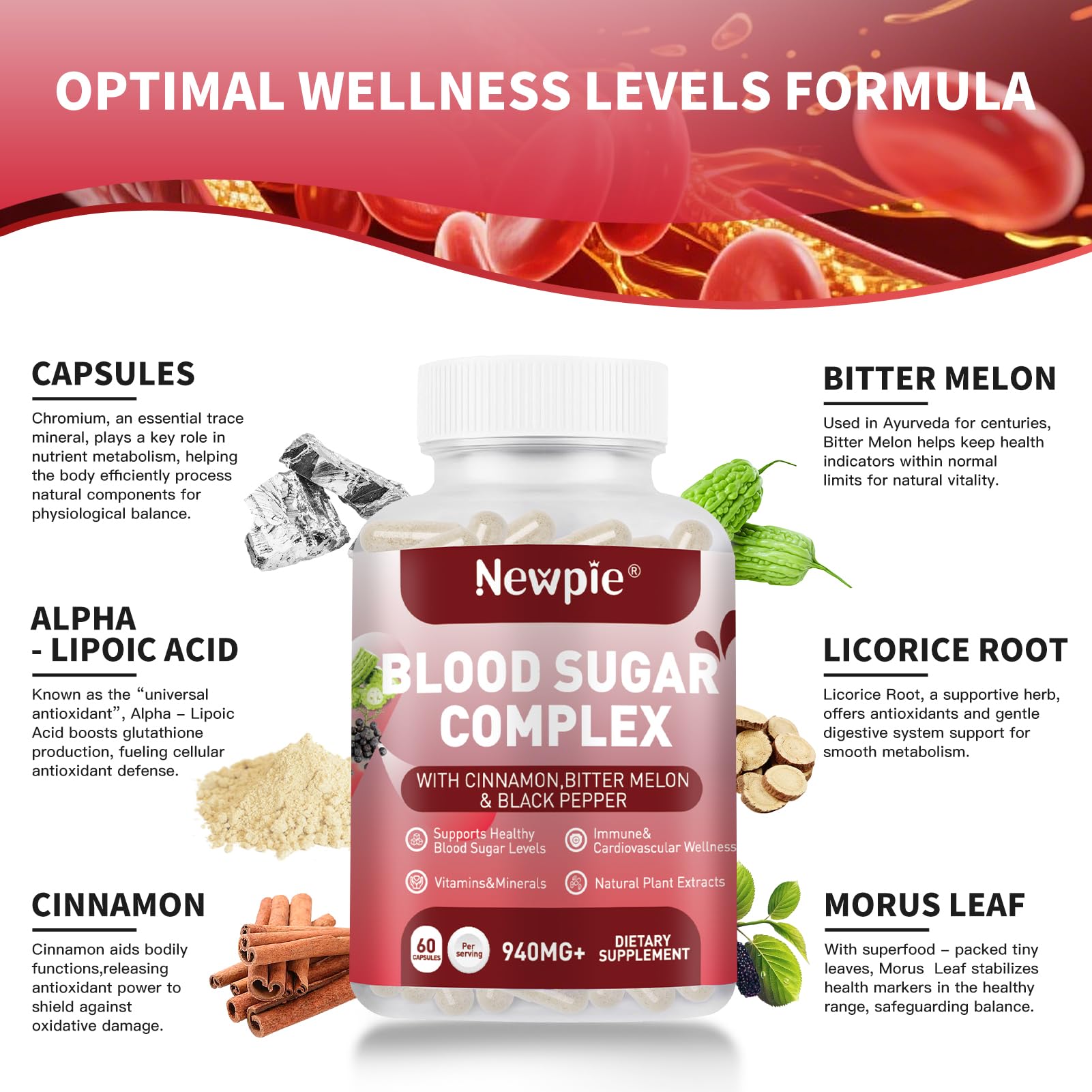 Newpie Blood Sugar Complex etiqueta del frasco, información clara para el uso diario.